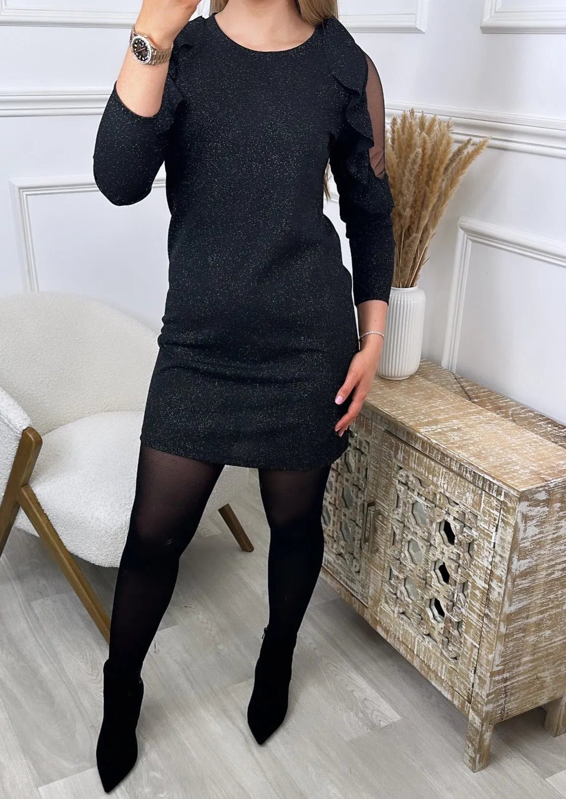 Mirabelle Black Ruffle Detail Mini Dress