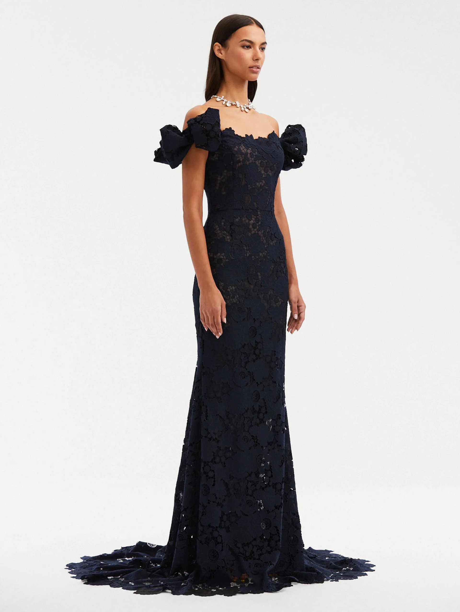Mixed Botanical Guipure Lace Gown