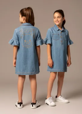 Moschino Girls Rhinestones Faded Denim Dress