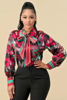 Multi Print Satin Button Down Top