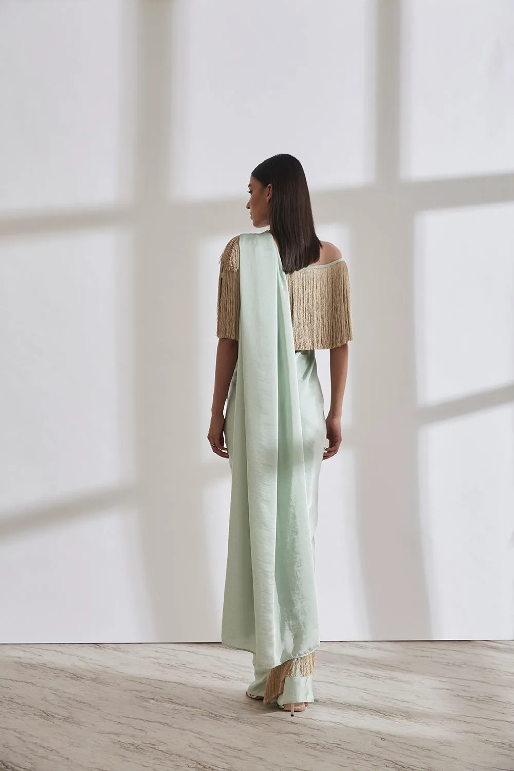 Noor Fringe Sari with Off Shoulder Fringe Top