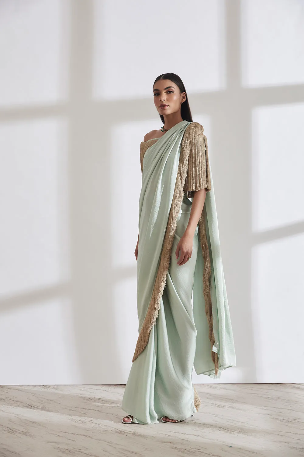 Noor Fringe Sari with Off Shoulder Fringe Top