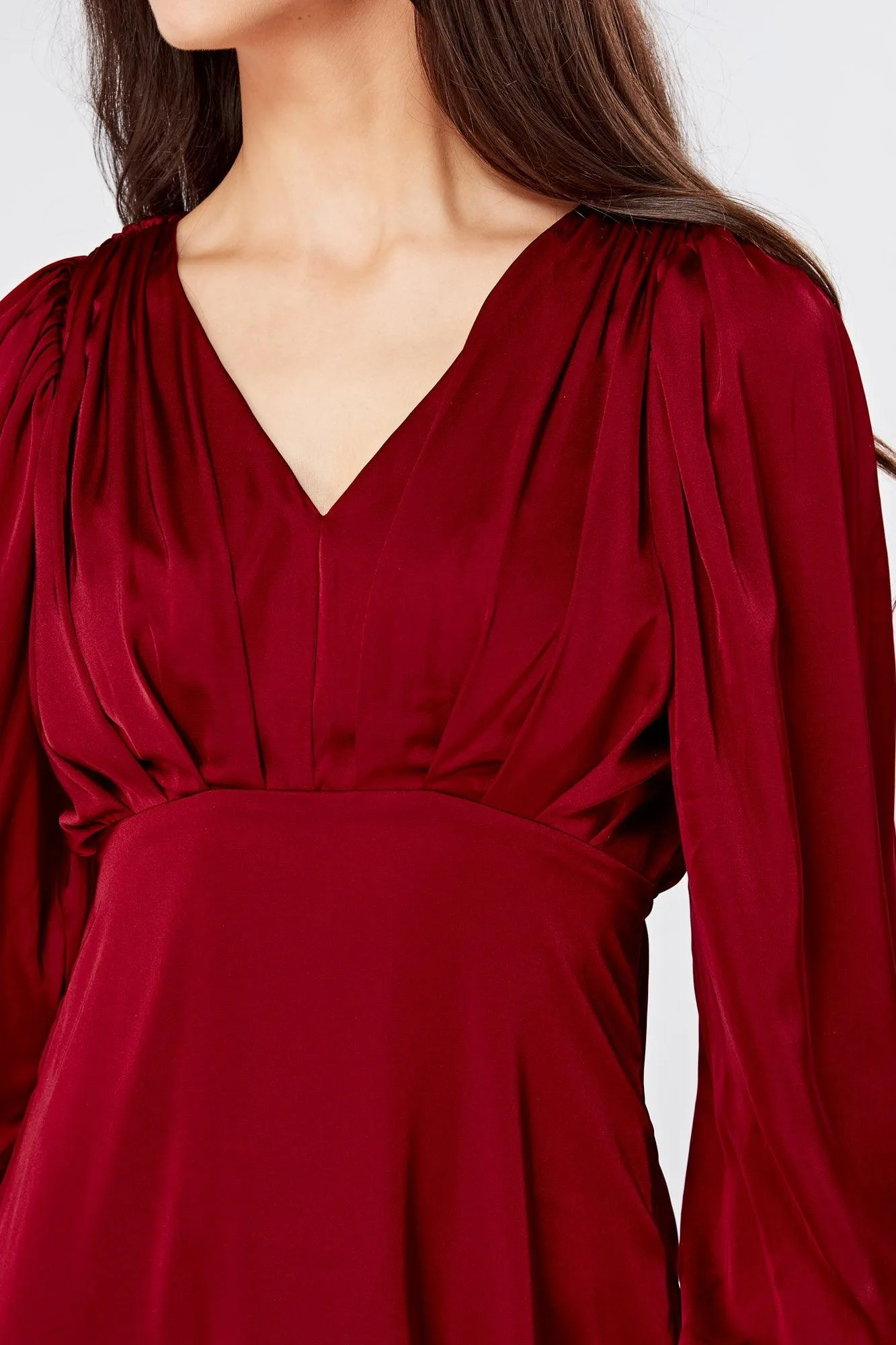 Nora Deep Red Satin Midi Dress With Long Sleeves