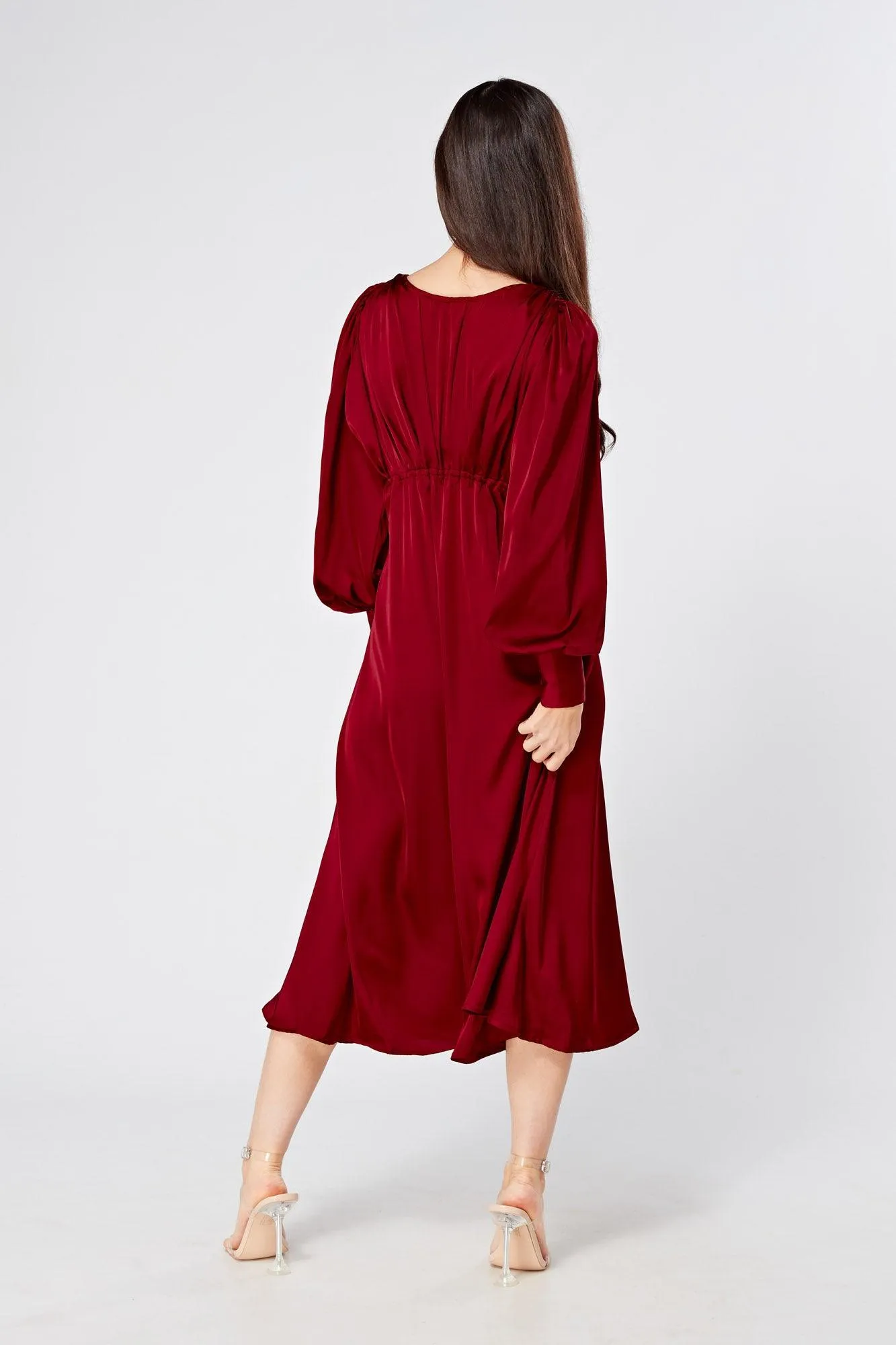 Nora Deep Red Satin Midi Dress With Long Sleeves