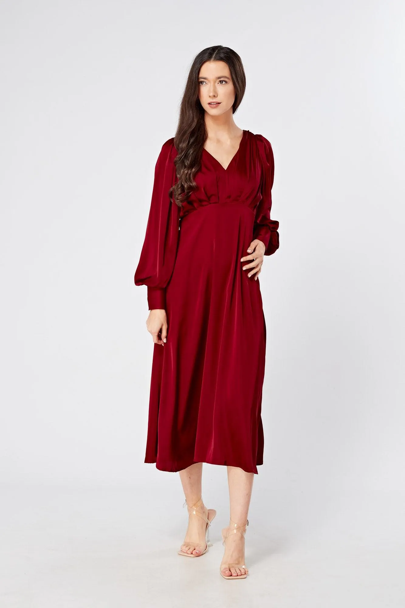 Nora Deep Red Satin Midi Dress With Long Sleeves