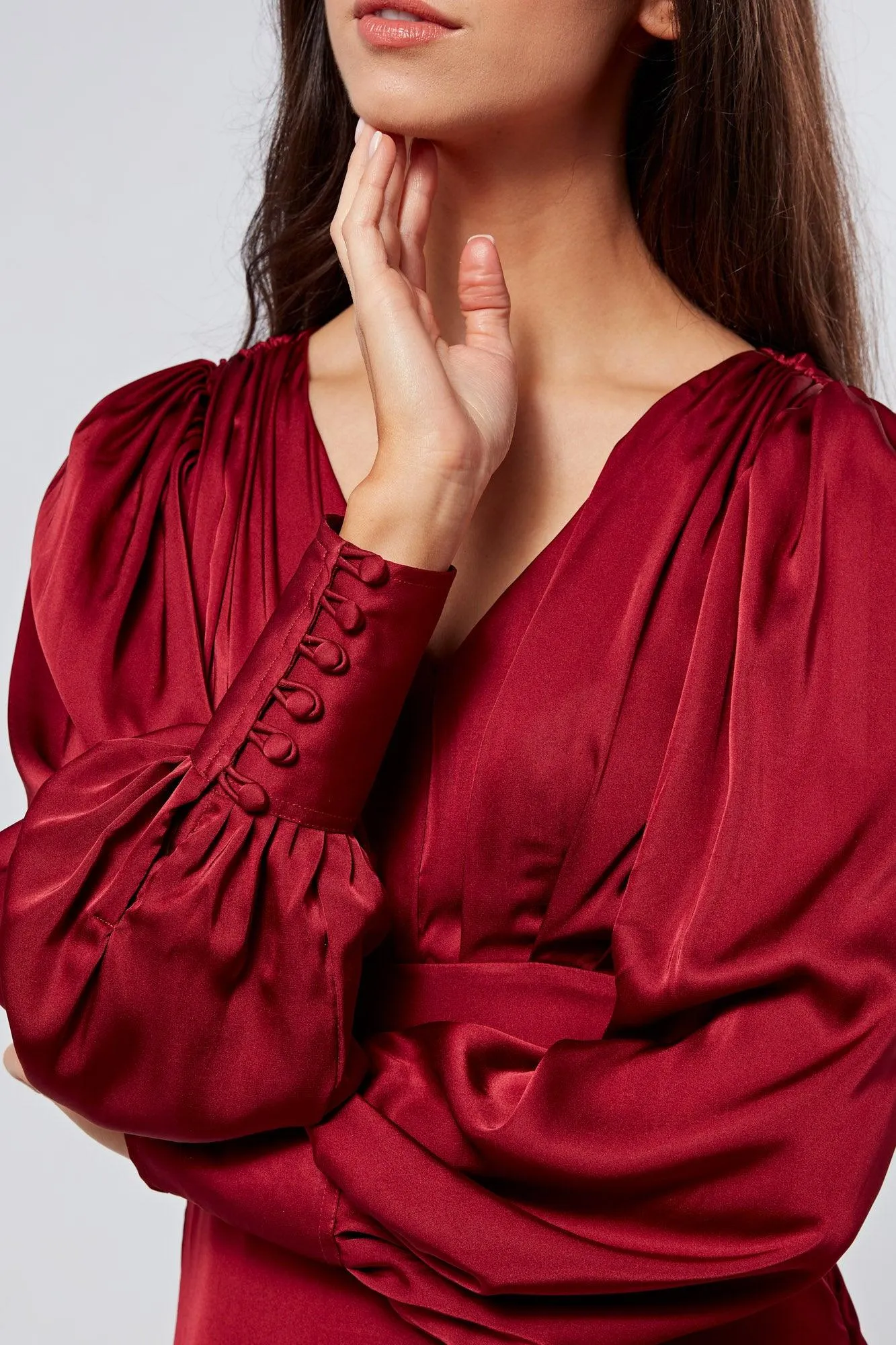 Nora Deep Red Satin Midi Dress With Long Sleeves