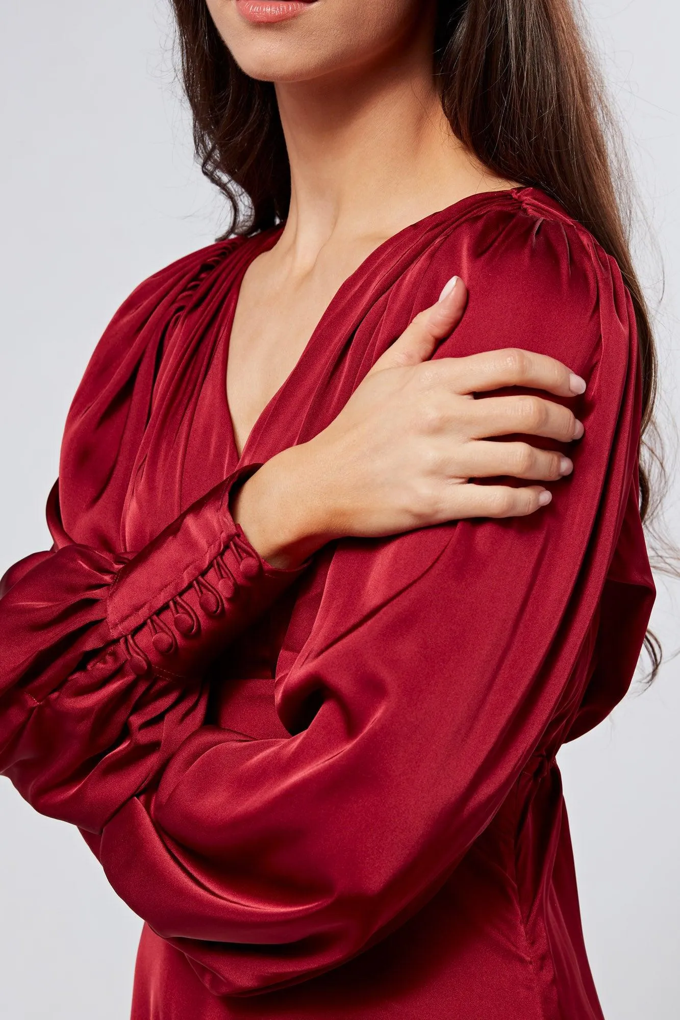Nora Deep Red Satin Midi Dress With Long Sleeves