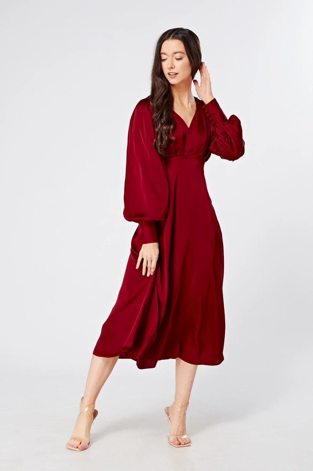 Nora Deep Red Satin Midi Dress With Long Sleeves