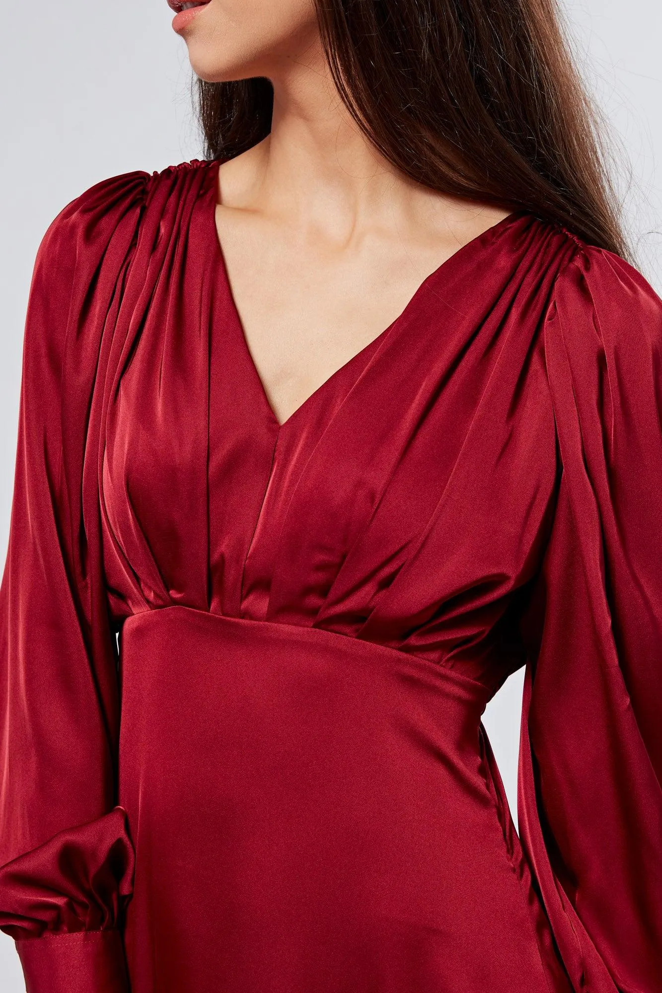 Nora Deep Red Satin Midi Dress With Long Sleeves