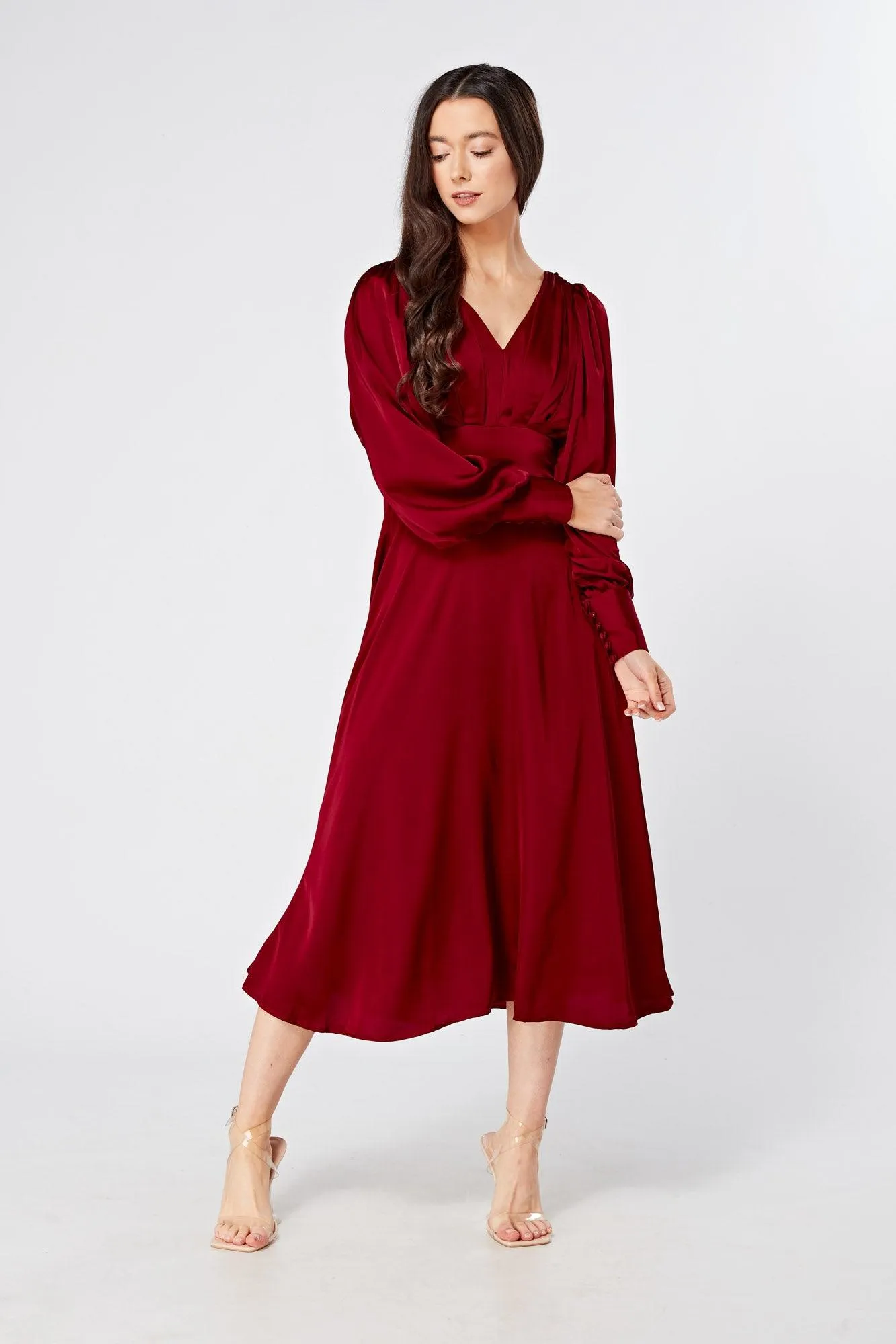 Nora Deep Red Satin Midi Dress With Long Sleeves