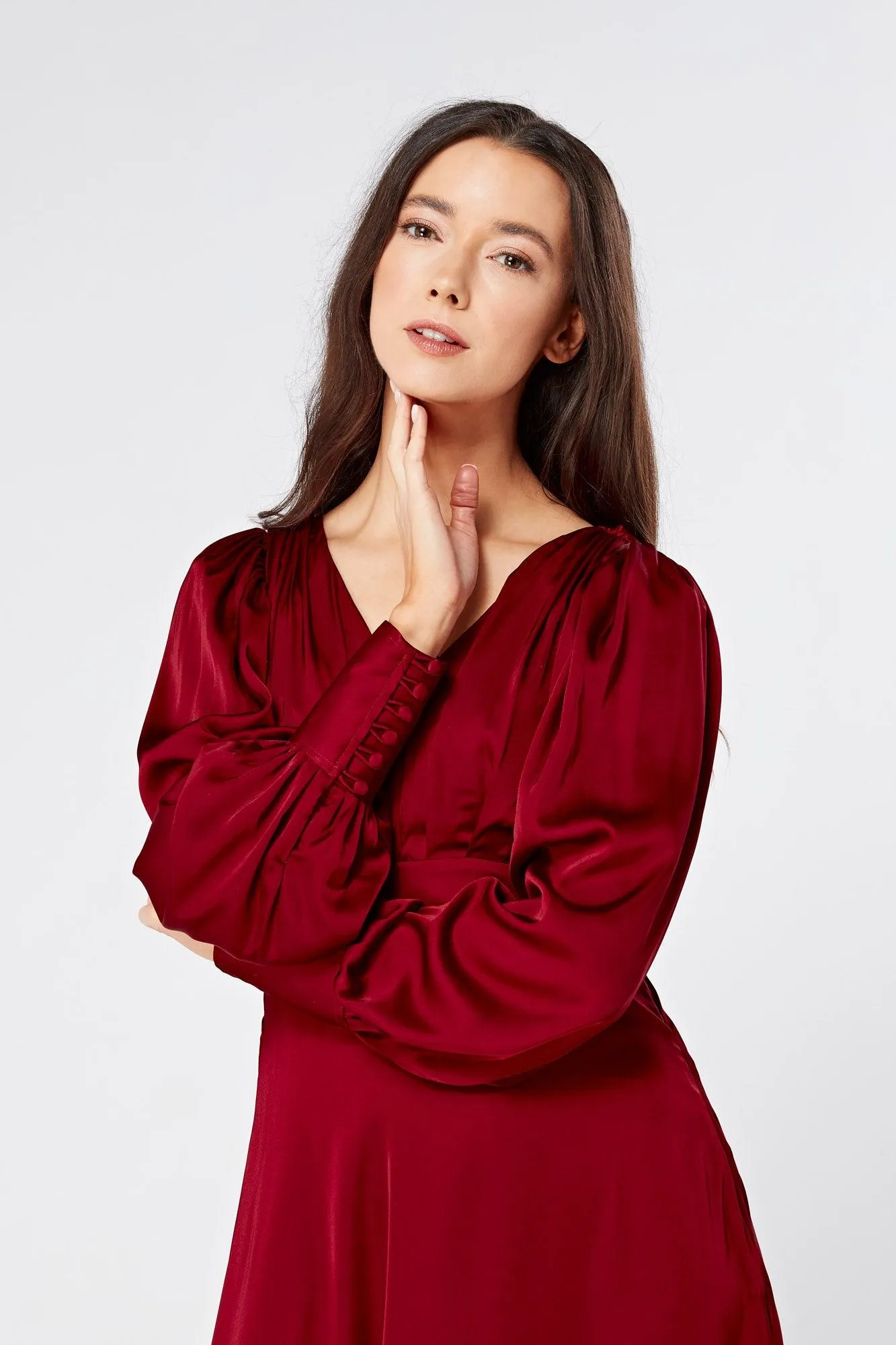 Nora Deep Red Satin Midi Dress With Long Sleeves