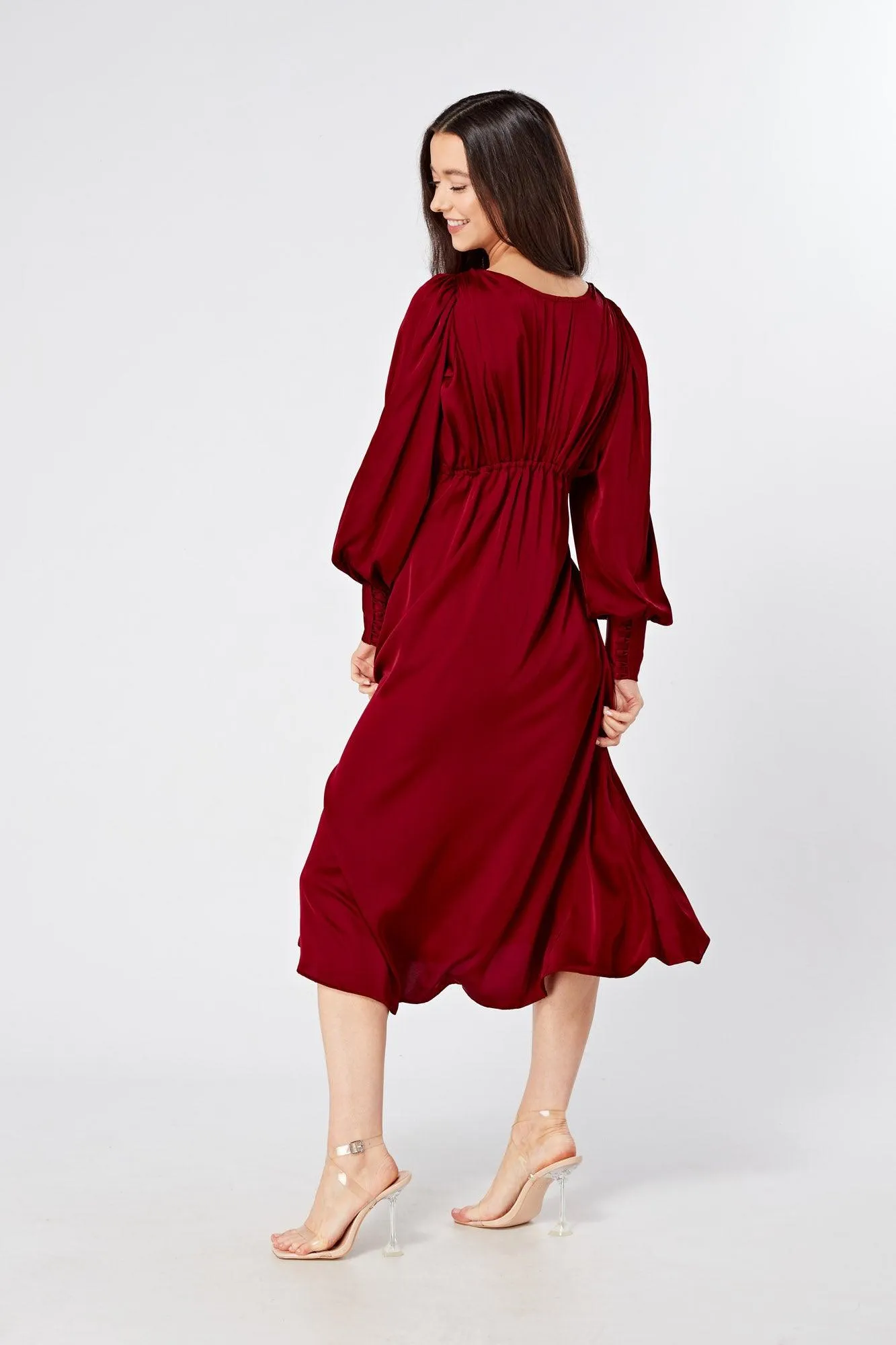 Nora Deep Red Satin Midi Dress With Long Sleeves