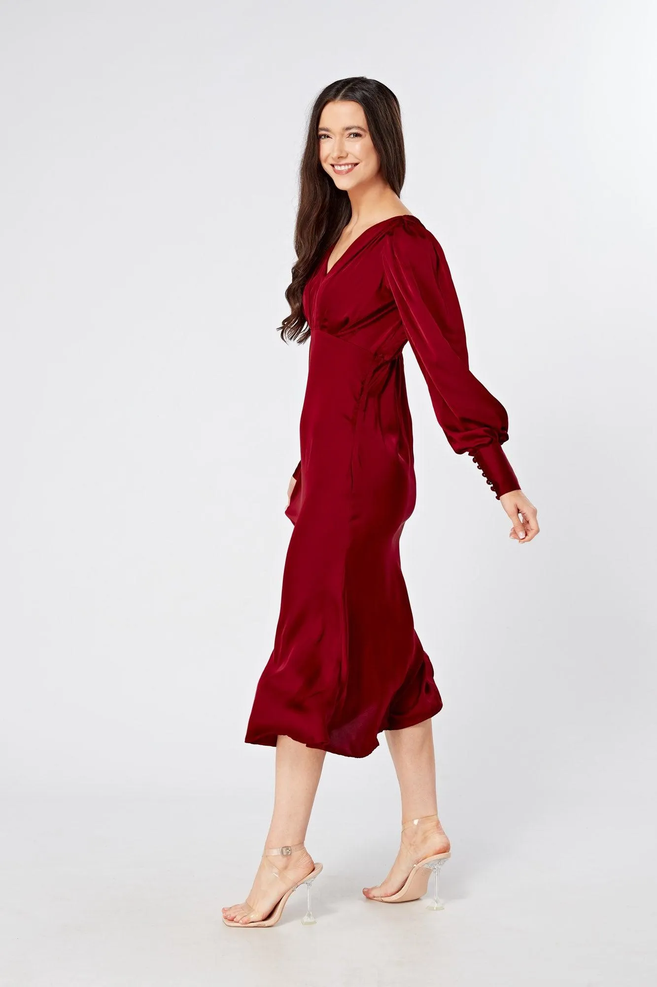 Nora Deep Red Satin Midi Dress With Long Sleeves
