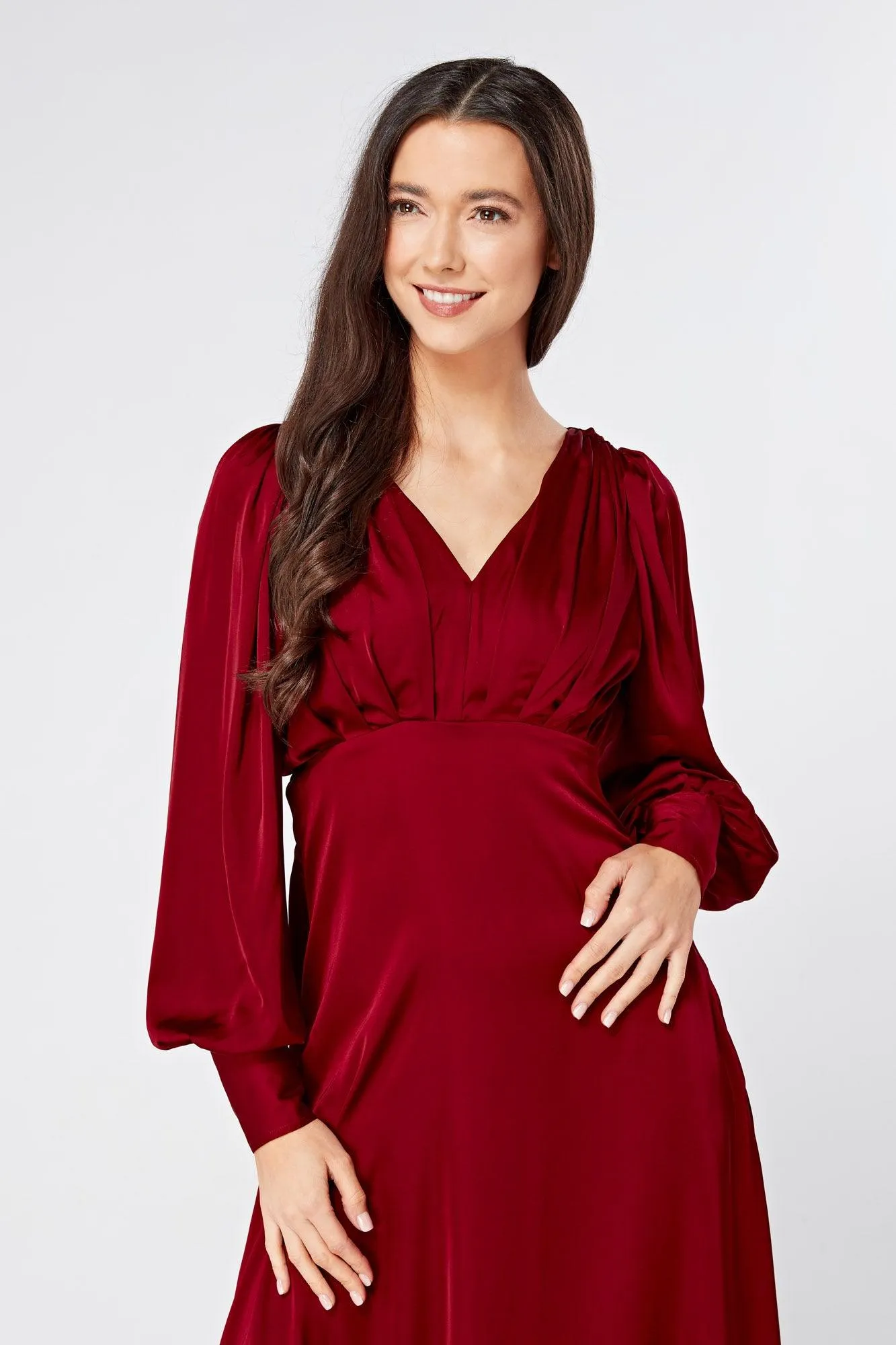 Nora Deep Red Satin Midi Dress With Long Sleeves