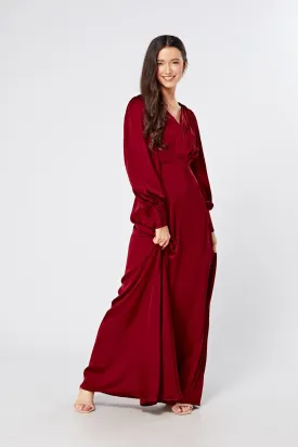Norina Deep Red Satin Maxi Dress With Long Sleeves