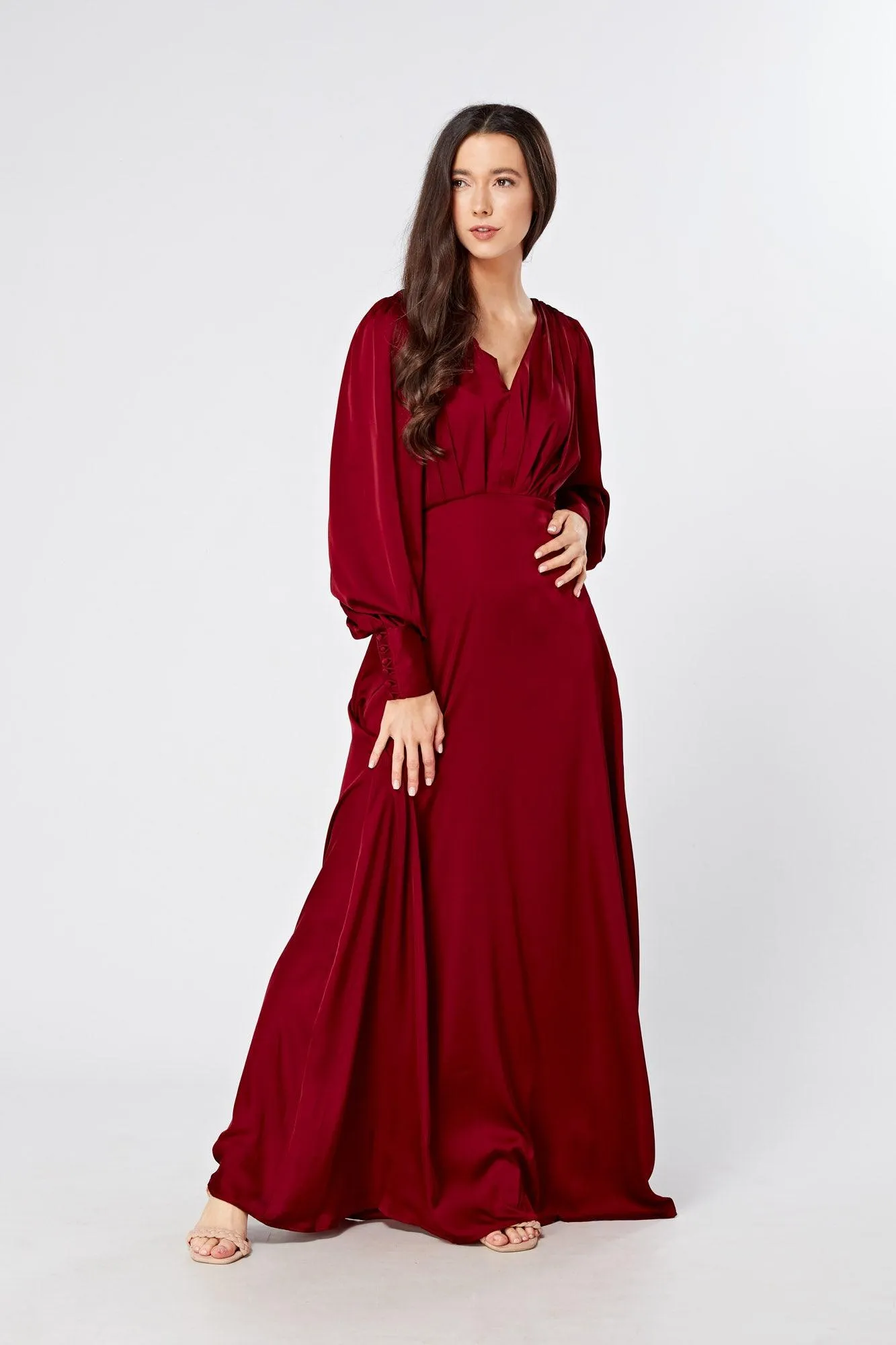 Norina Deep Red Satin Maxi Dress With Long Sleeves
