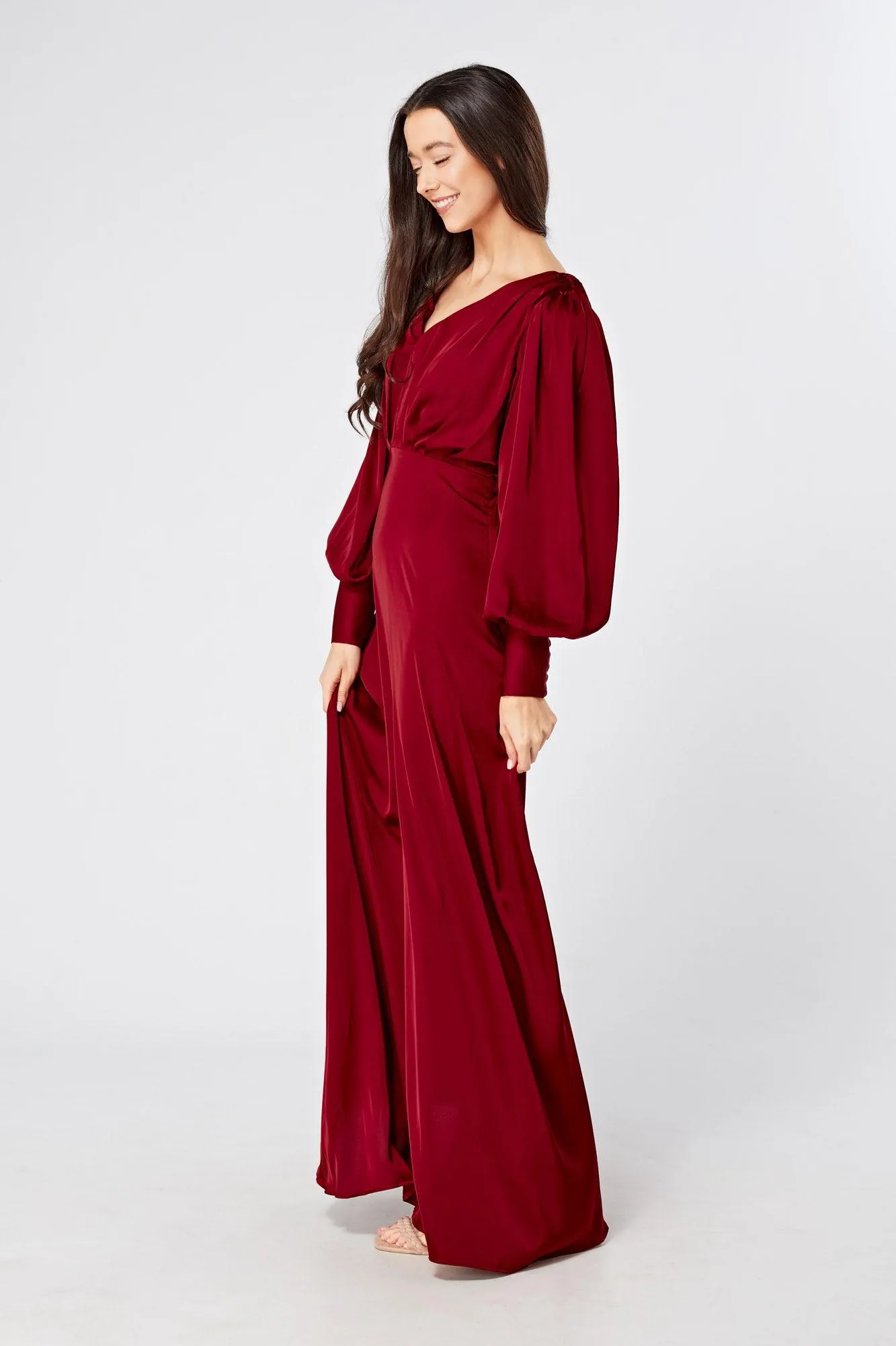 Norina Deep Red Satin Maxi Dress With Long Sleeves