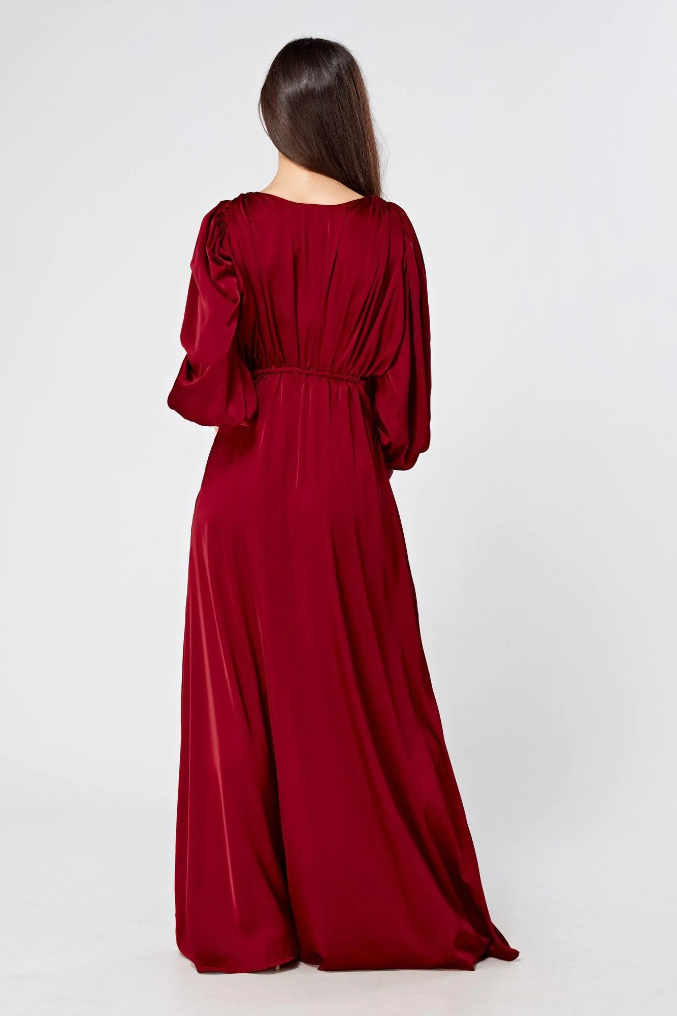 Norina Deep Red Satin Maxi Dress With Long Sleeves