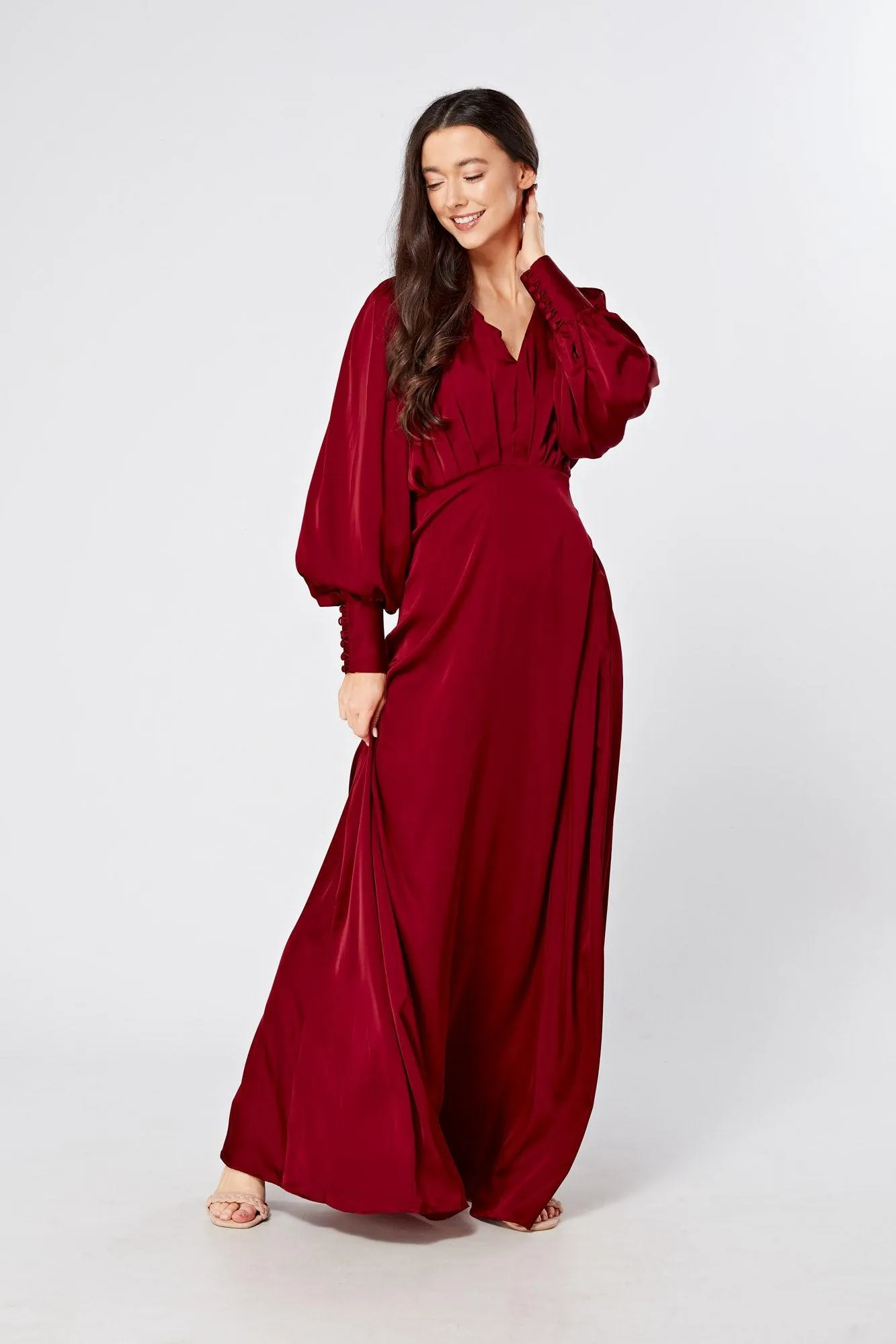 Norina Deep Red Satin Maxi Dress With Long Sleeves