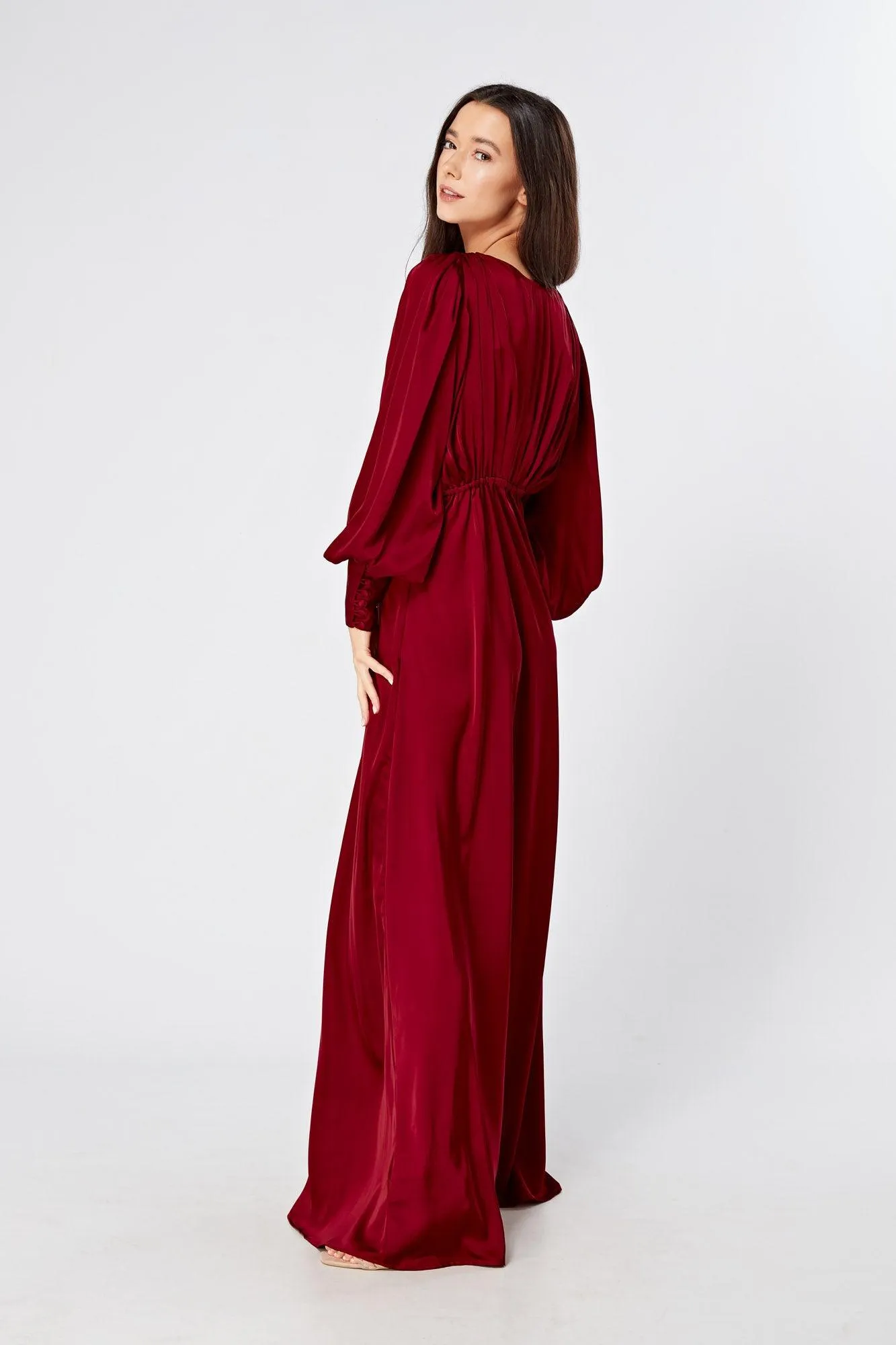 Norina Deep Red Satin Maxi Dress With Long Sleeves