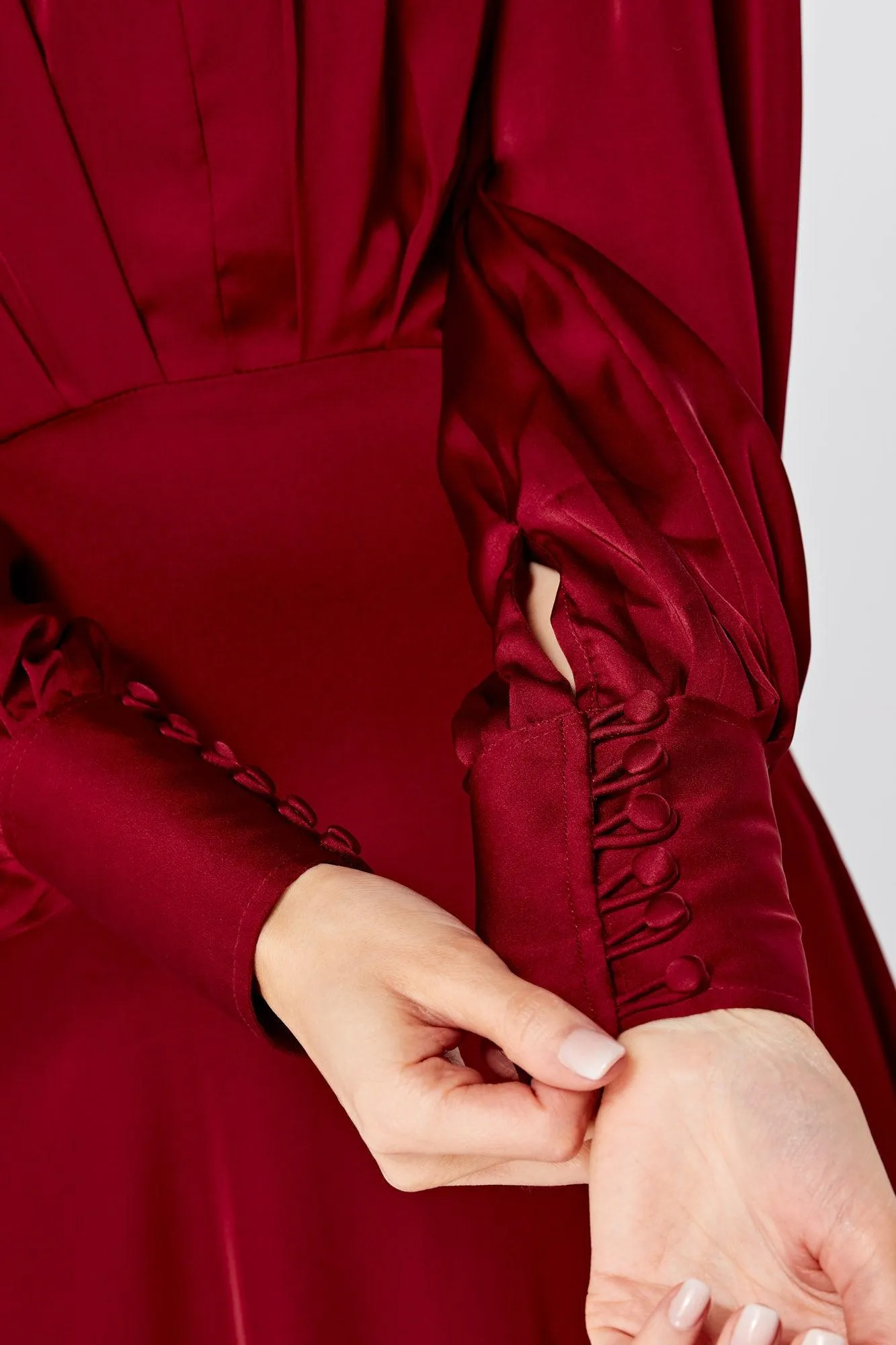 Norina Deep Red Satin Maxi Dress With Long Sleeves