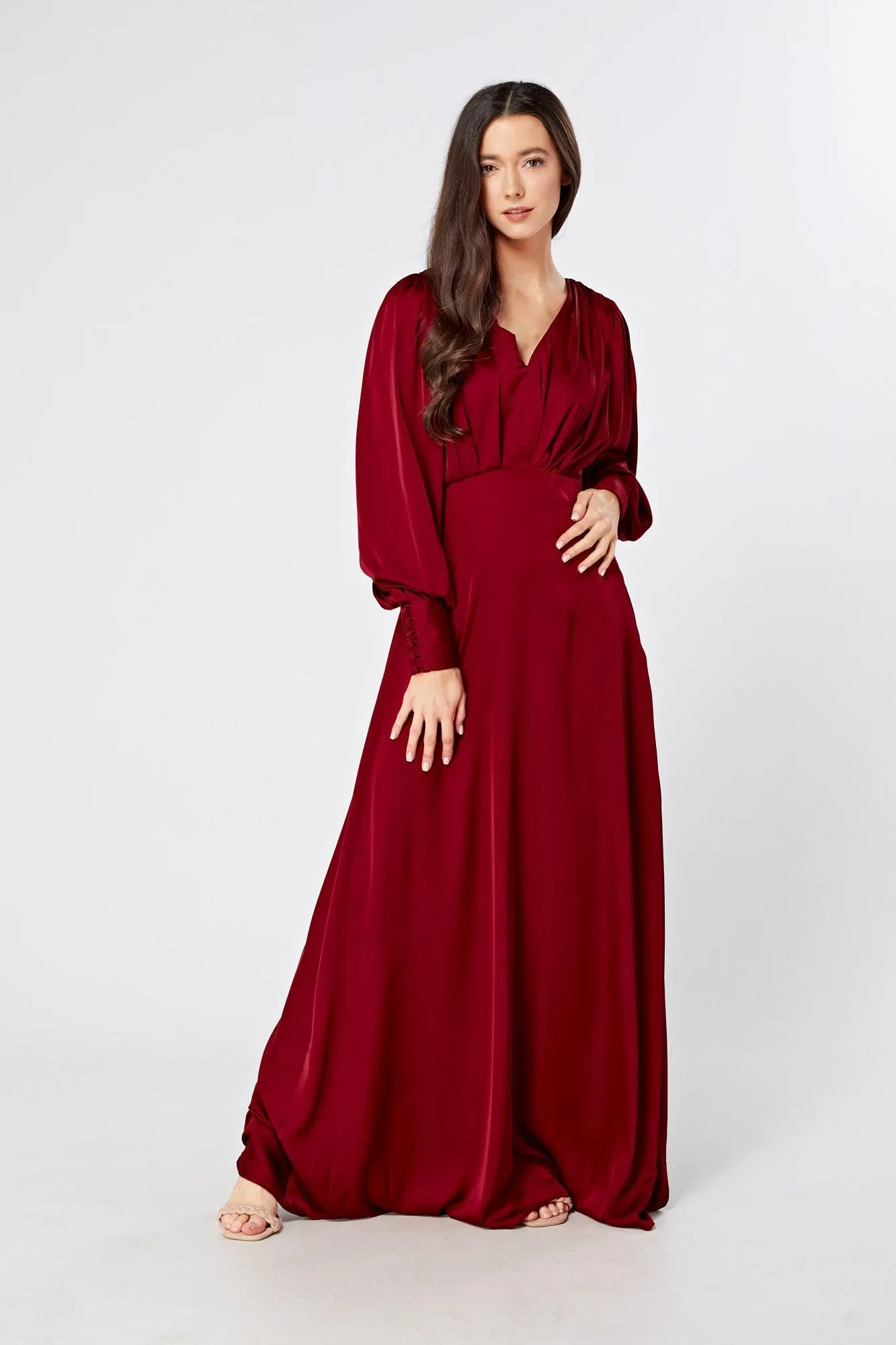 Norina Deep Red Satin Maxi Dress With Long Sleeves