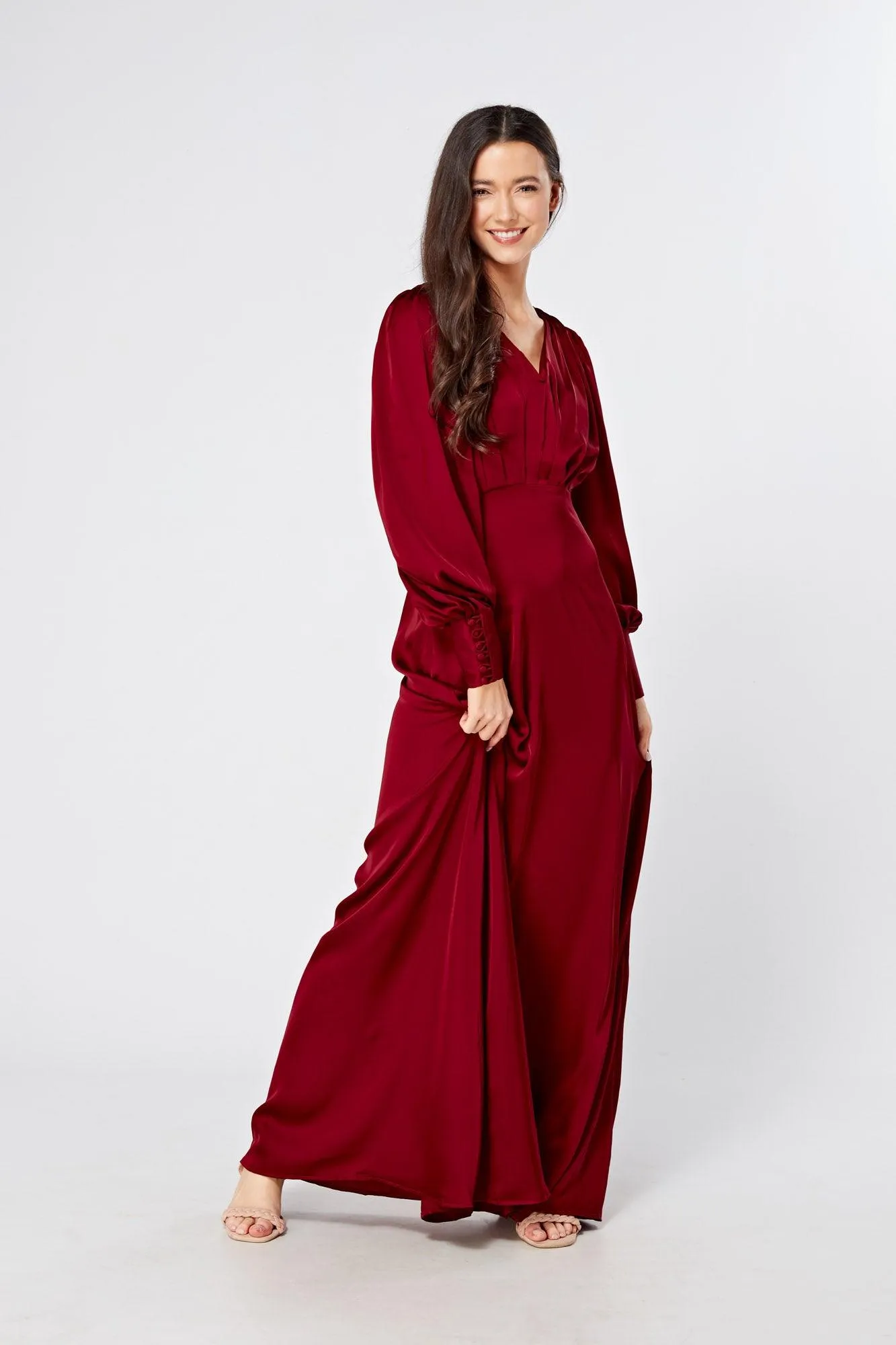 Norina Deep Red Satin Maxi Dress With Long Sleeves
