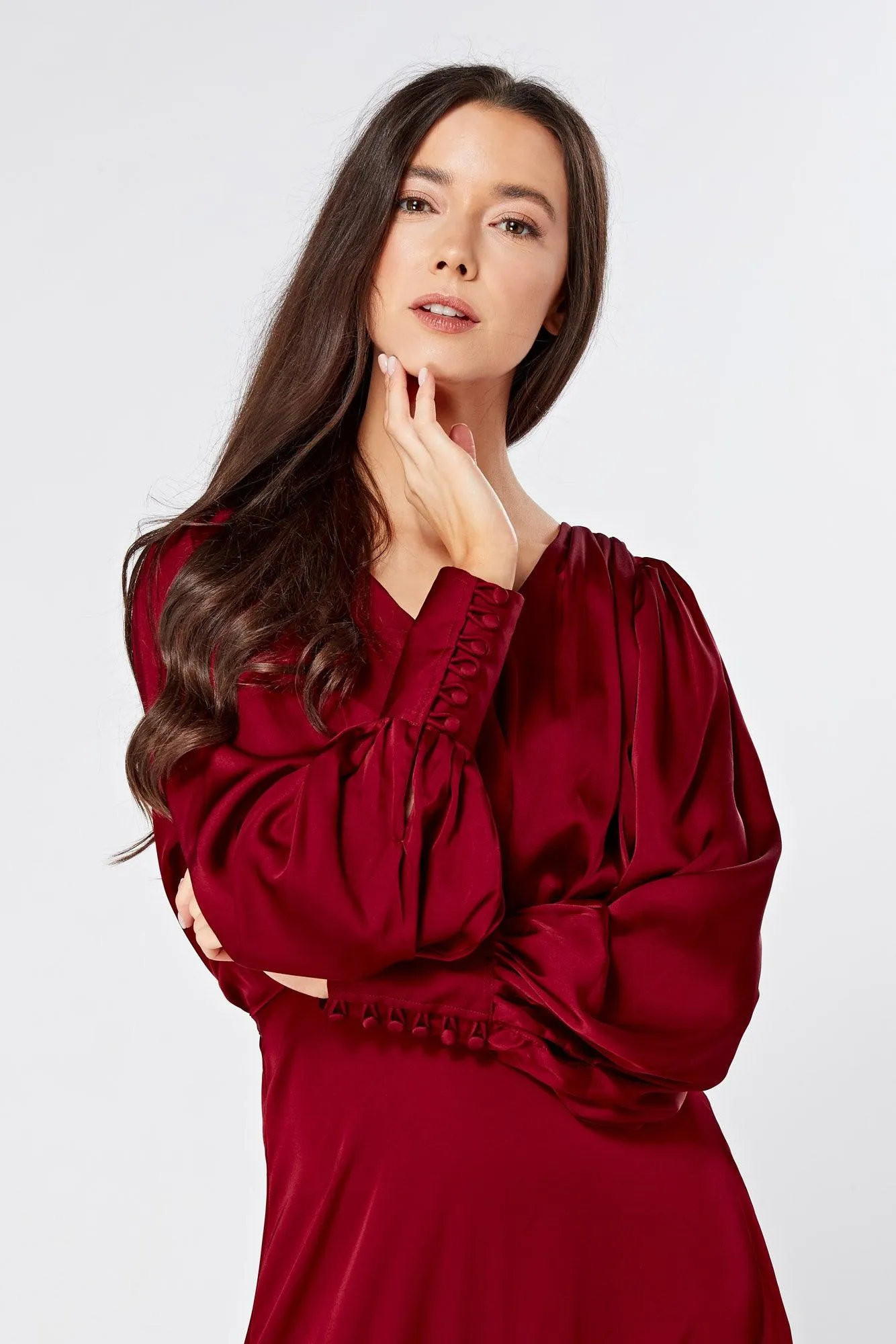 Norina Deep Red Satin Maxi Dress With Long Sleeves