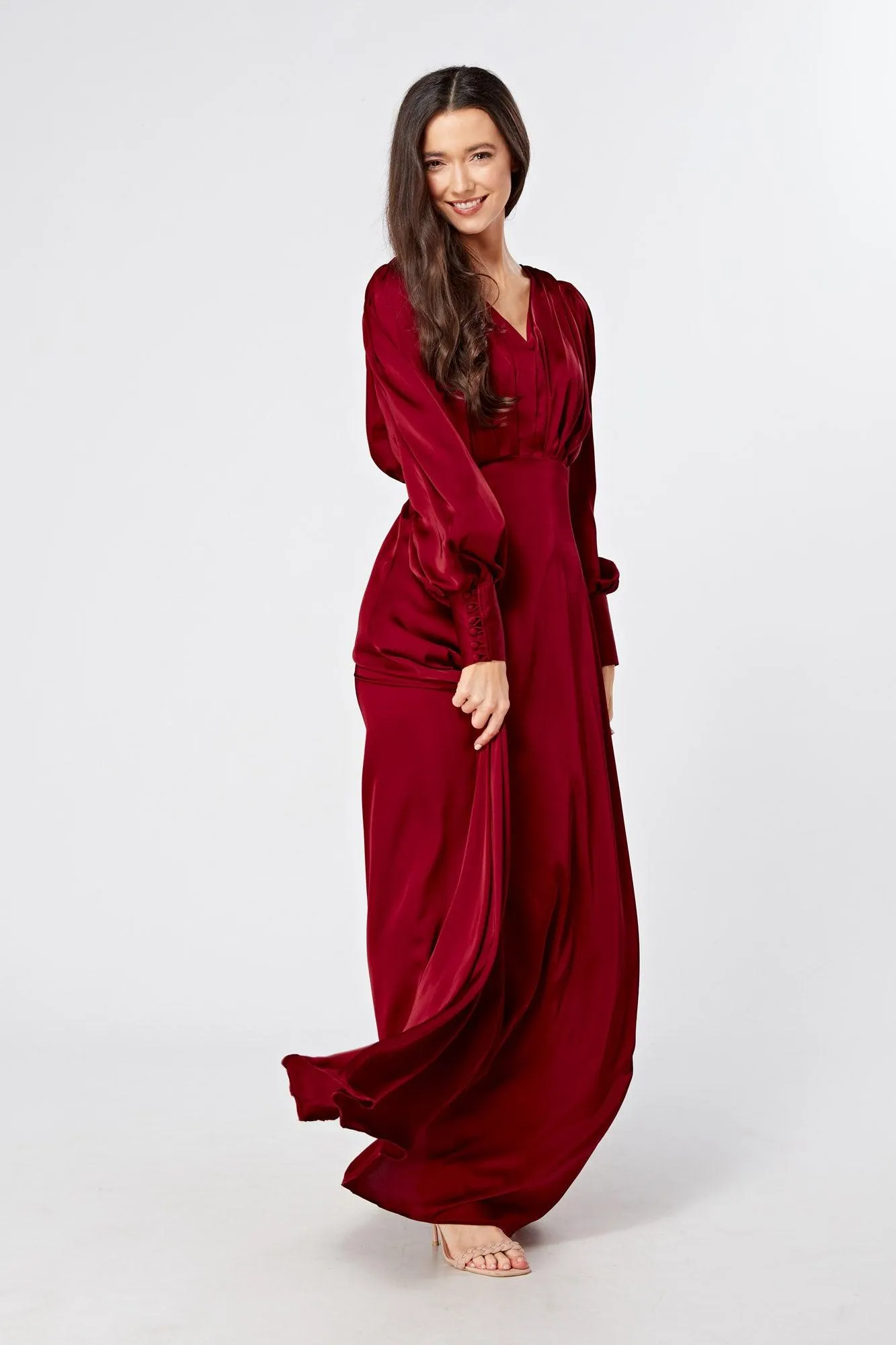 Norina Deep Red Satin Maxi Dress With Long Sleeves