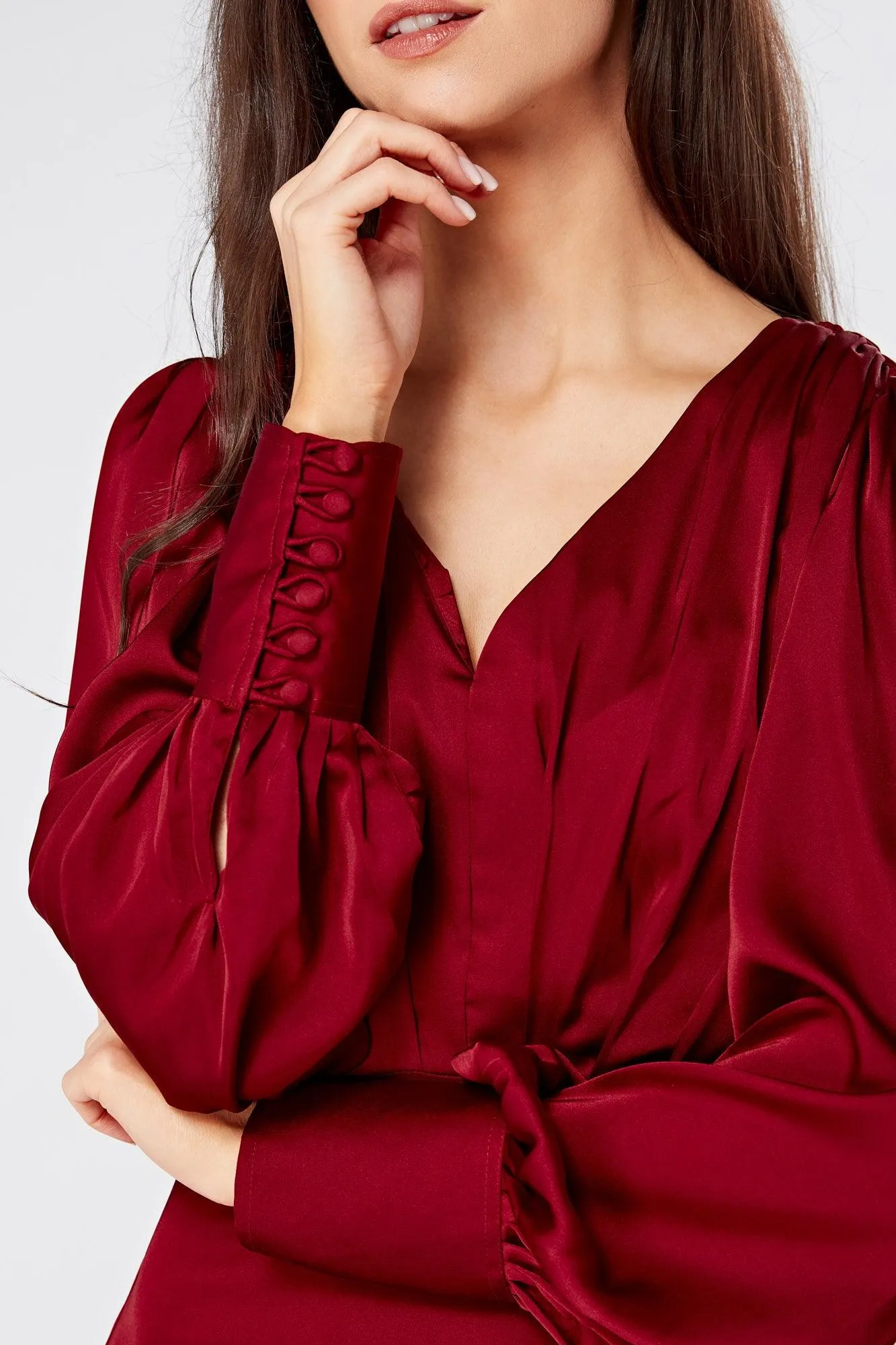 Norina Deep Red Satin Maxi Dress With Long Sleeves