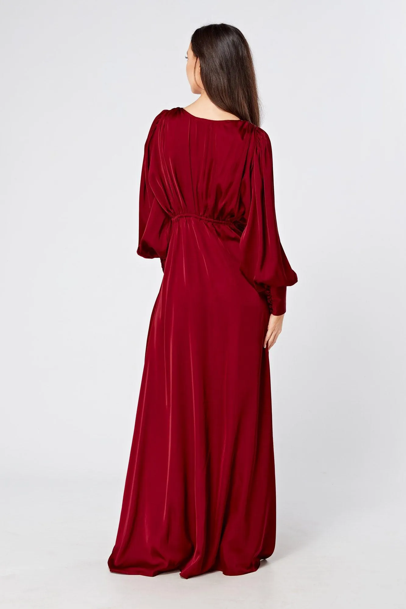 Norina Deep Red Satin Maxi Dress With Long Sleeves