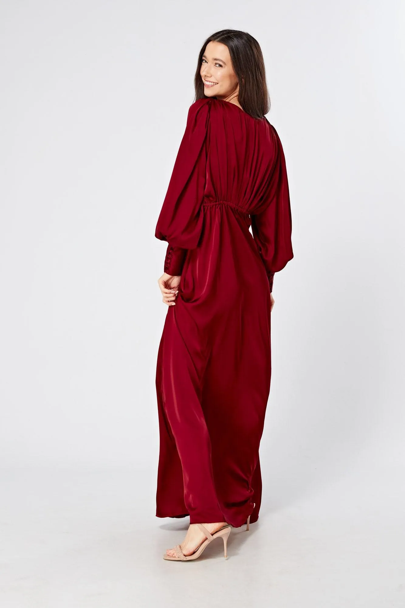 Norina Deep Red Satin Maxi Dress With Long Sleeves