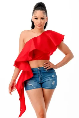 One Shoulder Ruffle Cropped Blouse