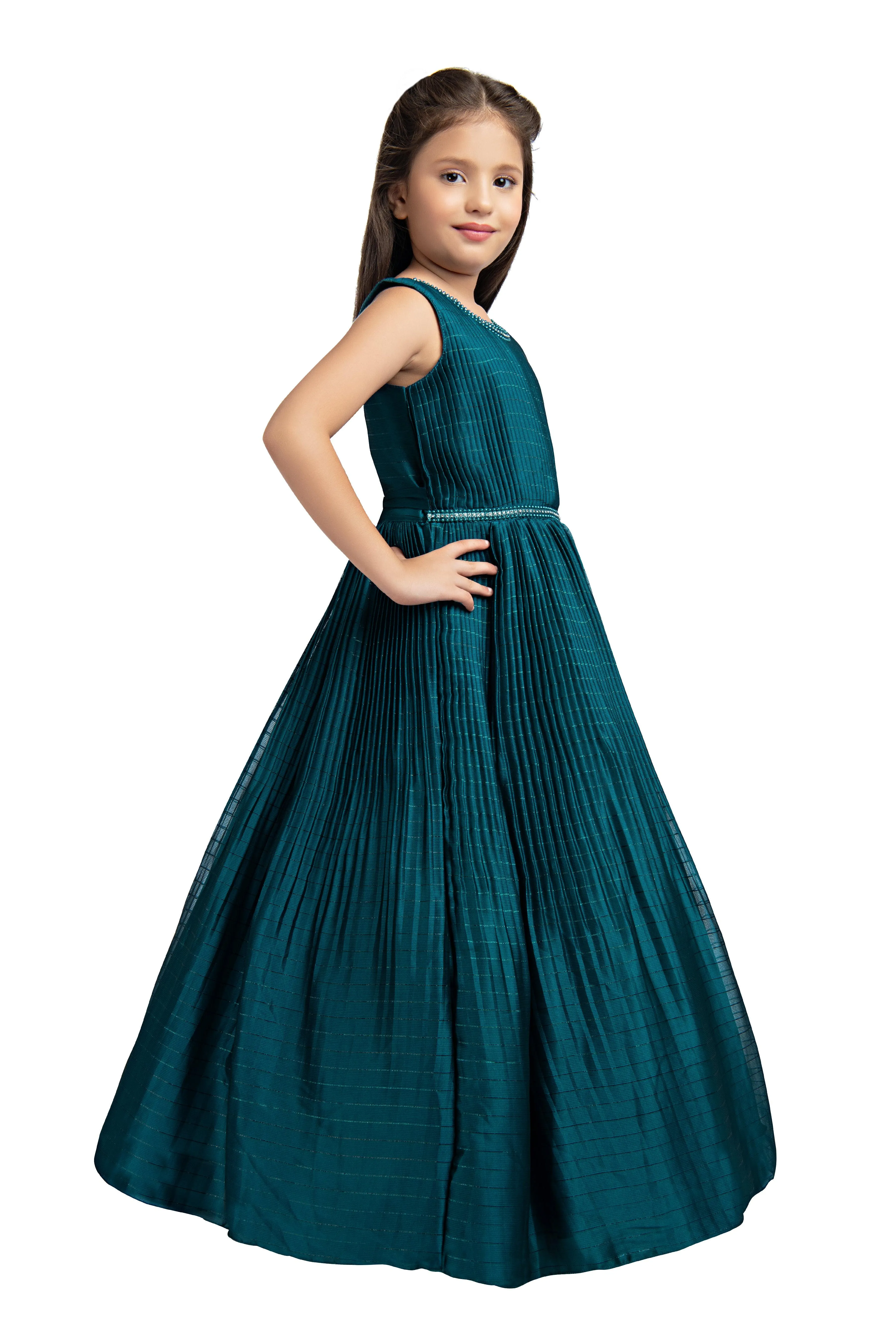 Peacock Blue Coloured Pleated Fabric Gown For Girls
