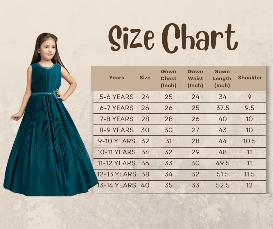 Peacock Blue Coloured Pleated Fabric Gown For Girls
