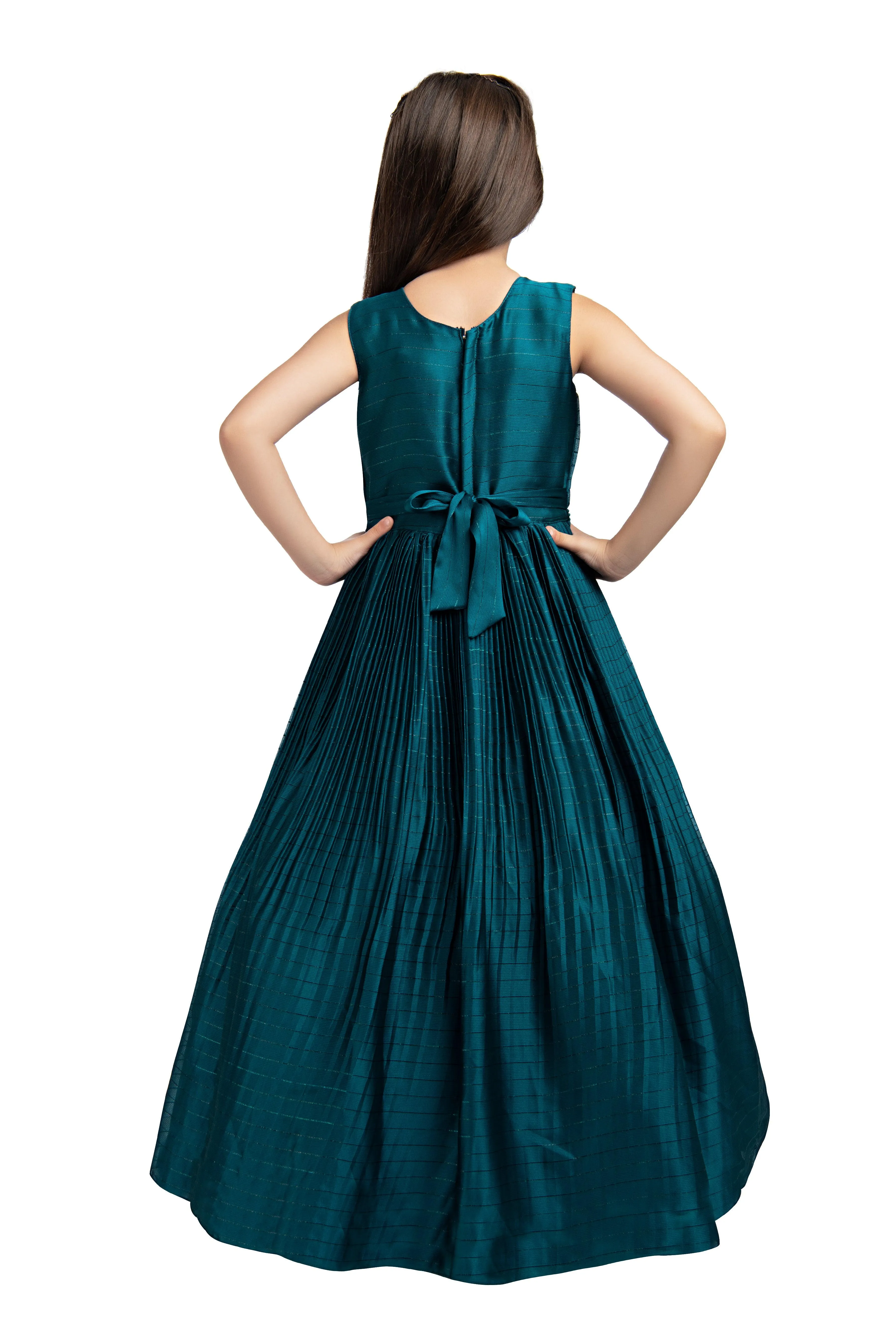 Peacock Blue Coloured Pleated Fabric Gown For Girls