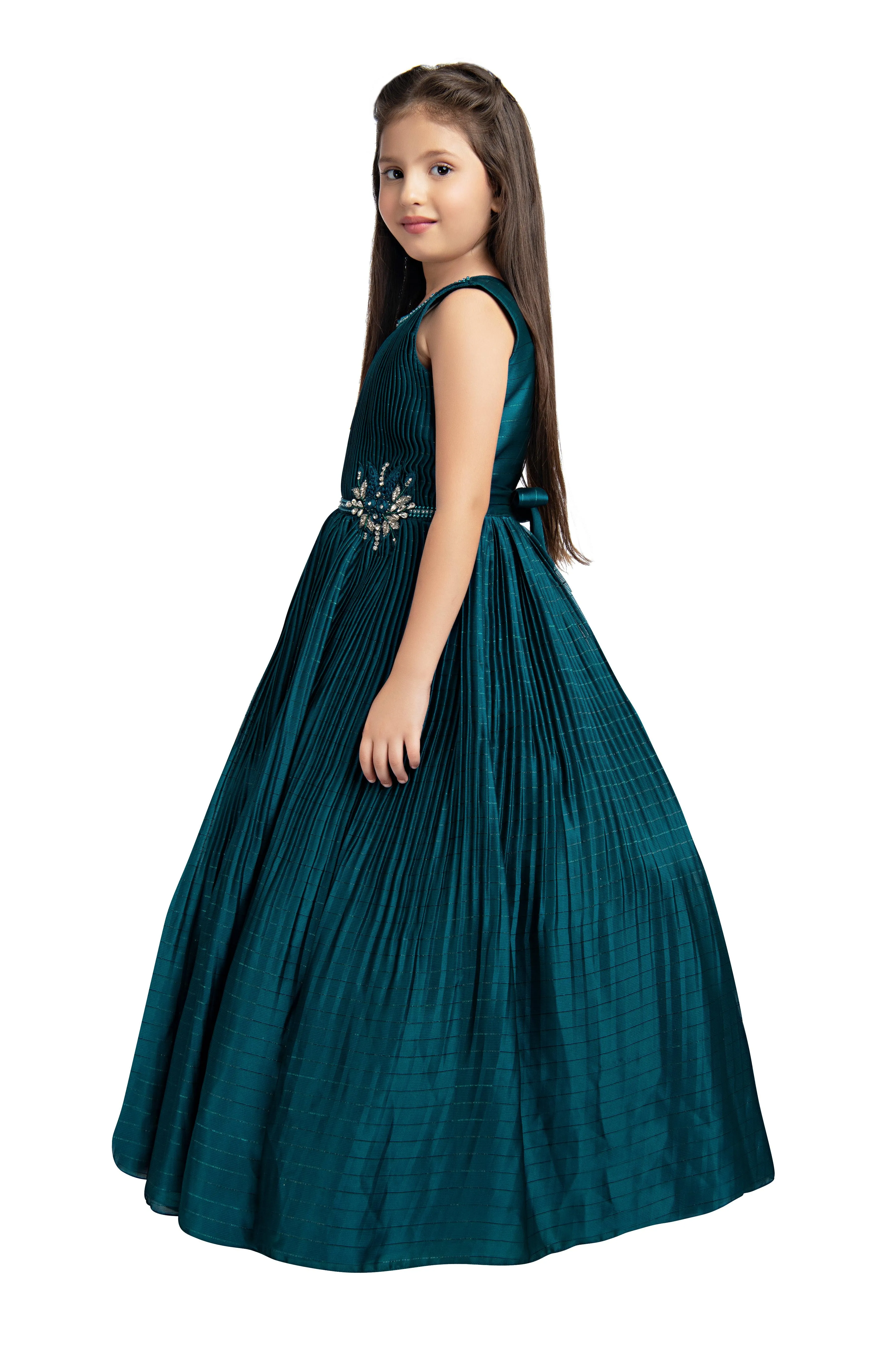 Peacock Blue Coloured Pleated Fabric Gown For Girls