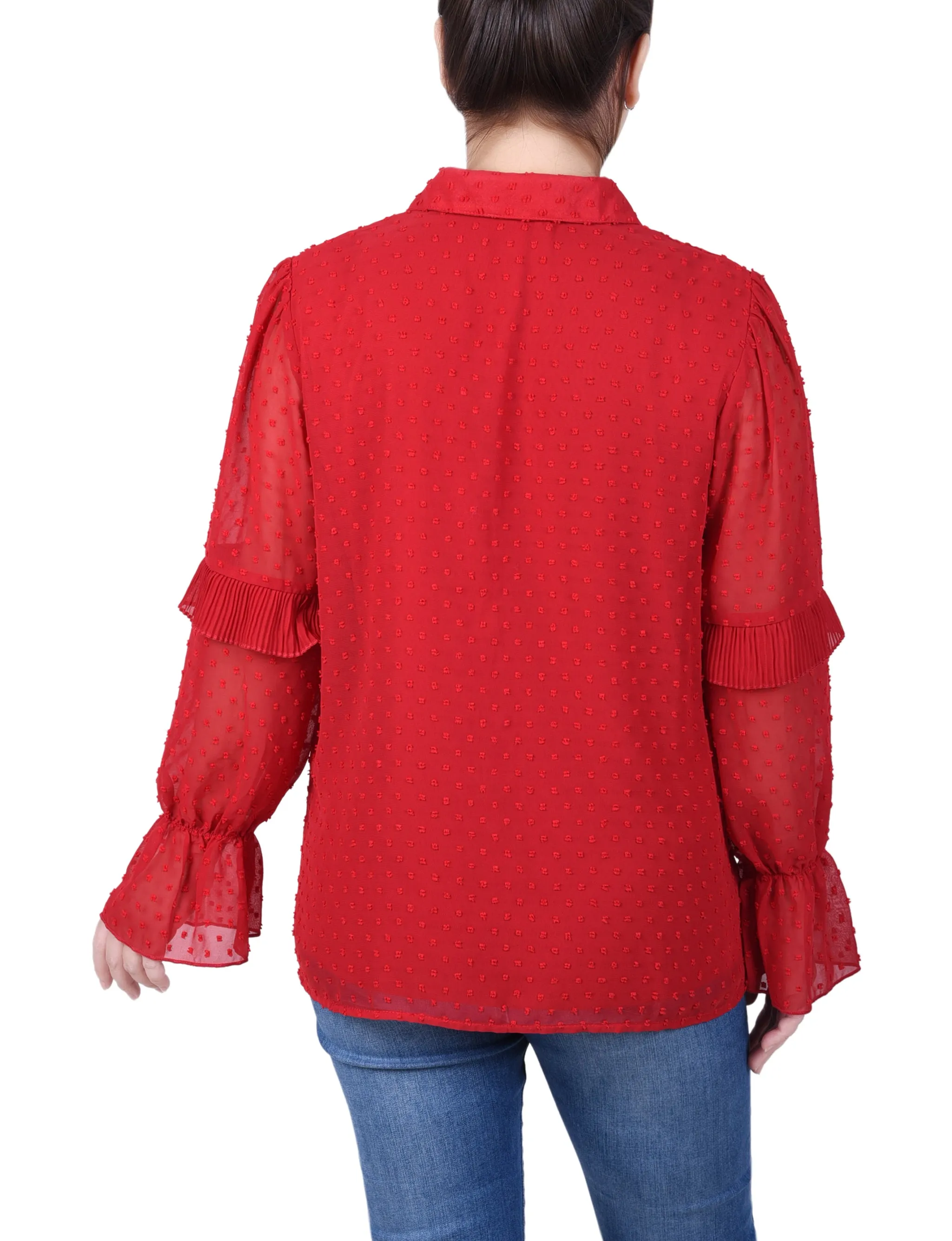 Petite Long Sleeve Dotted Chiffon Blouse