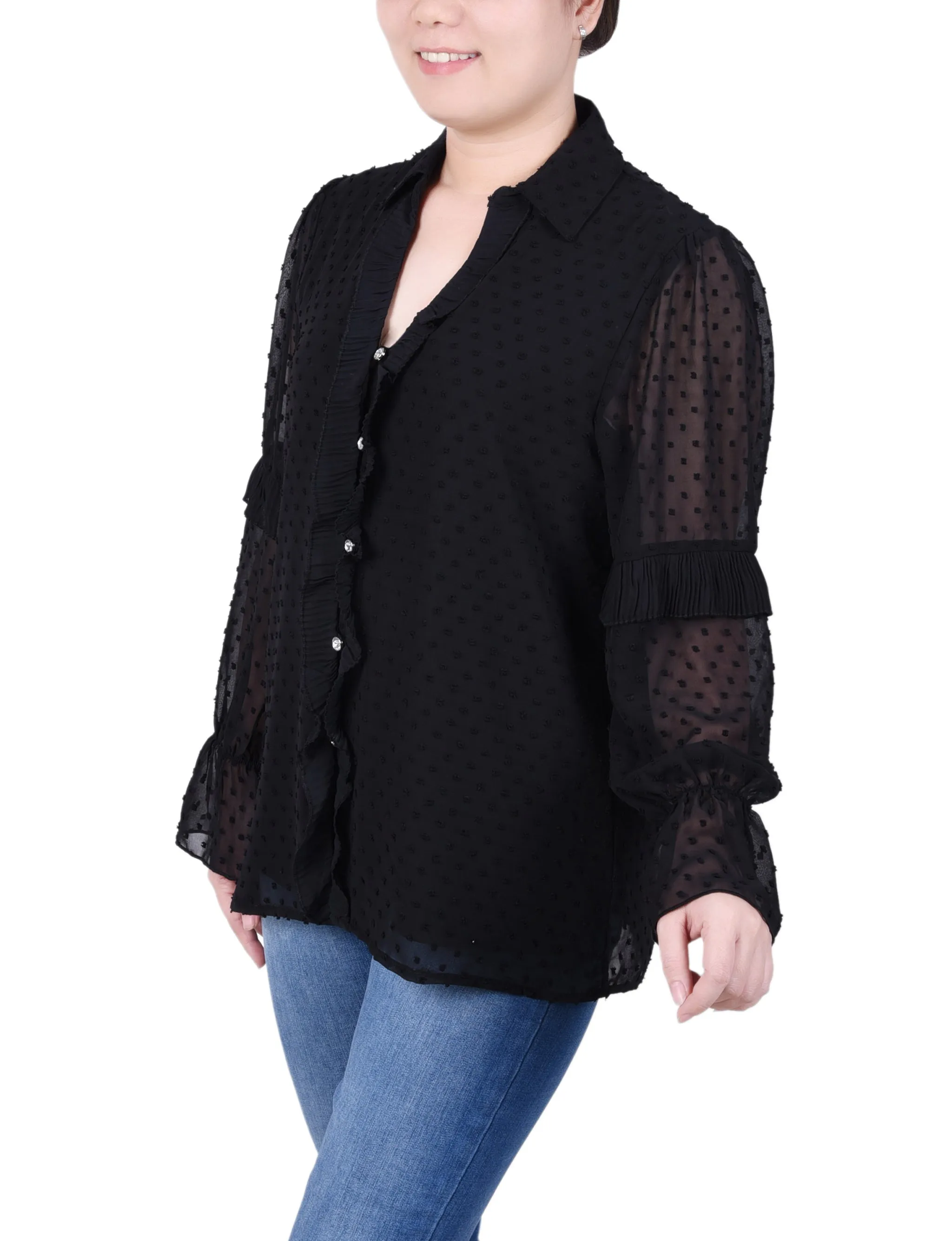 Petite Long Sleeve Dotted Chiffon Blouse