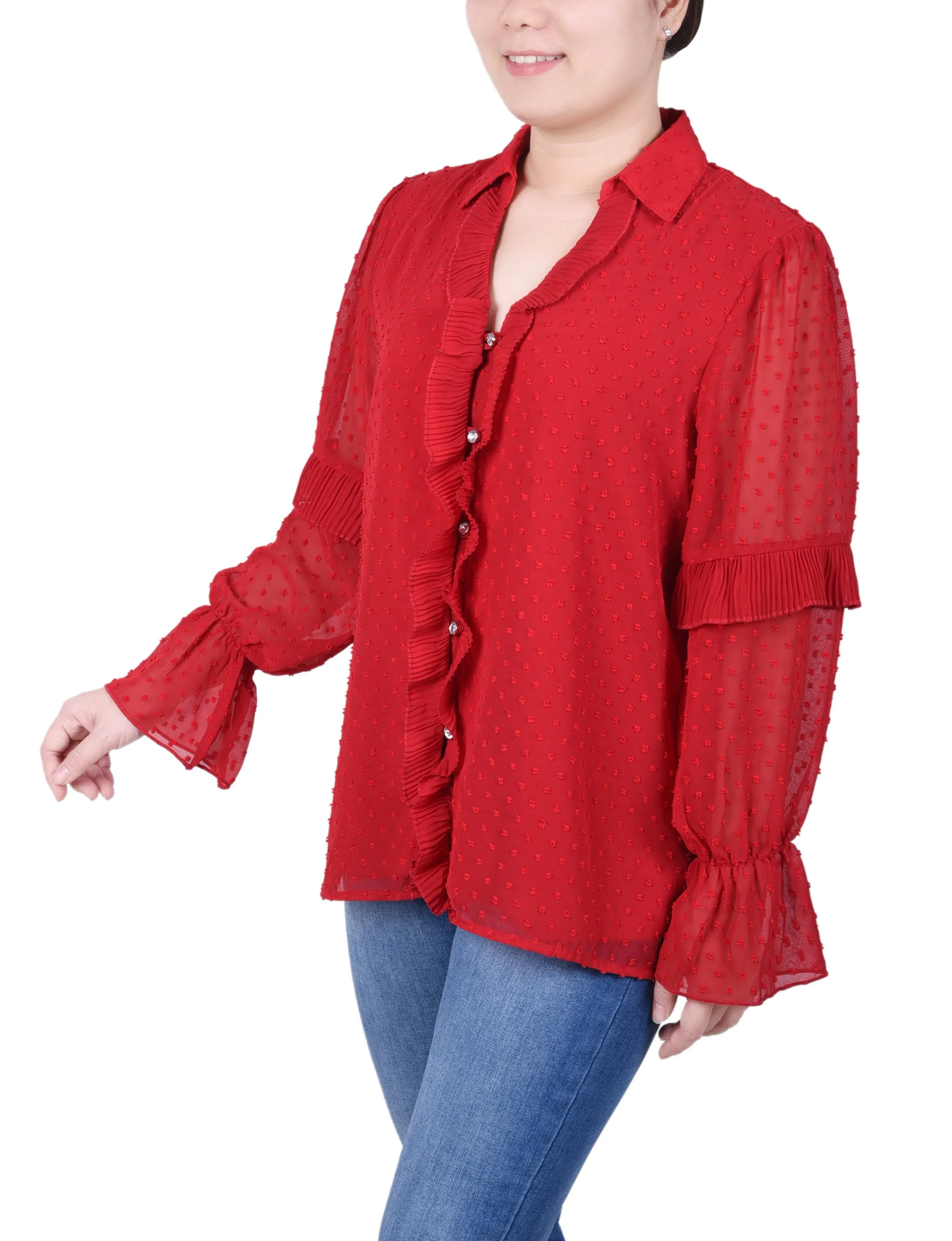 Petite Long Sleeve Dotted Chiffon Blouse