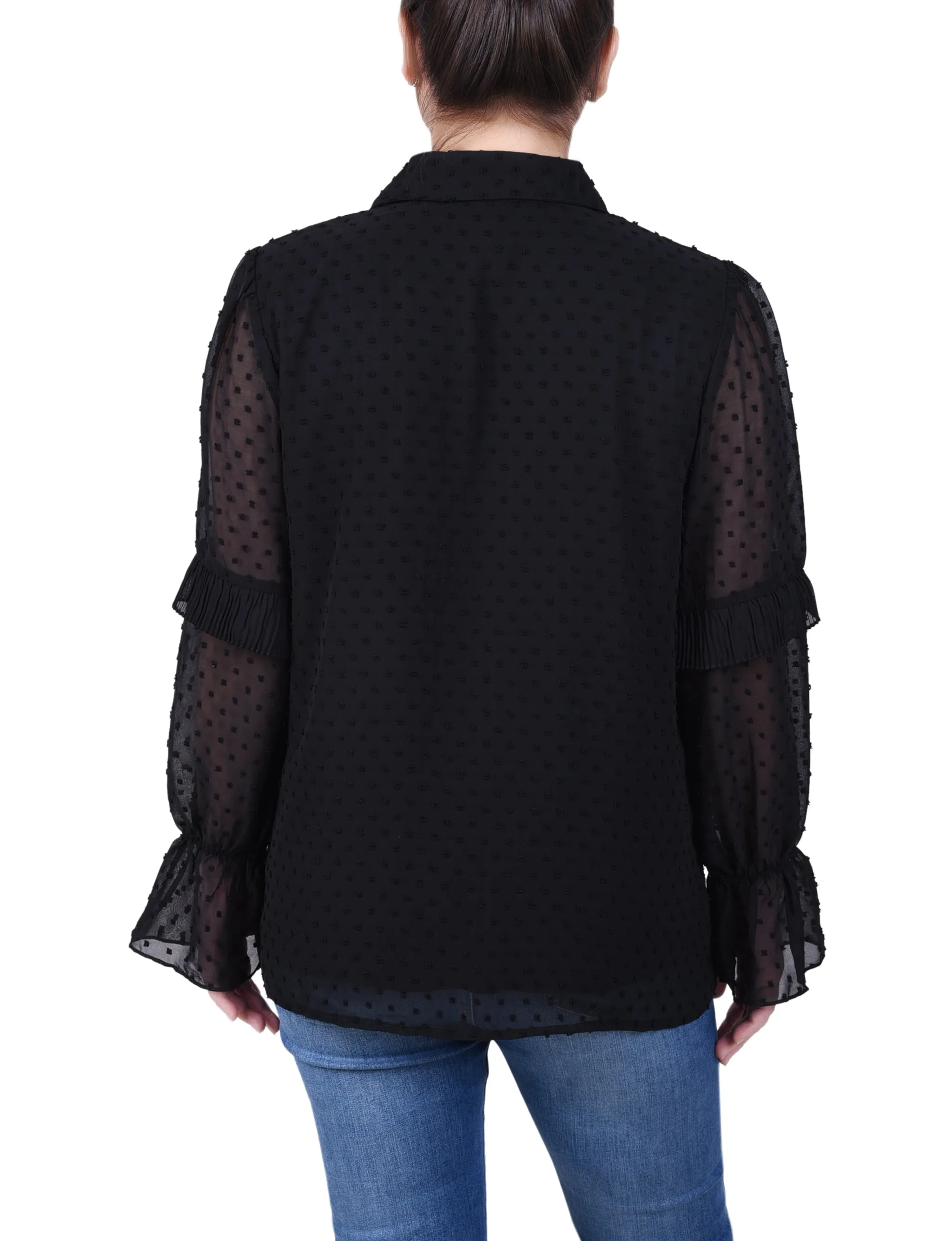 Petite Long Sleeve Dotted Chiffon Blouse