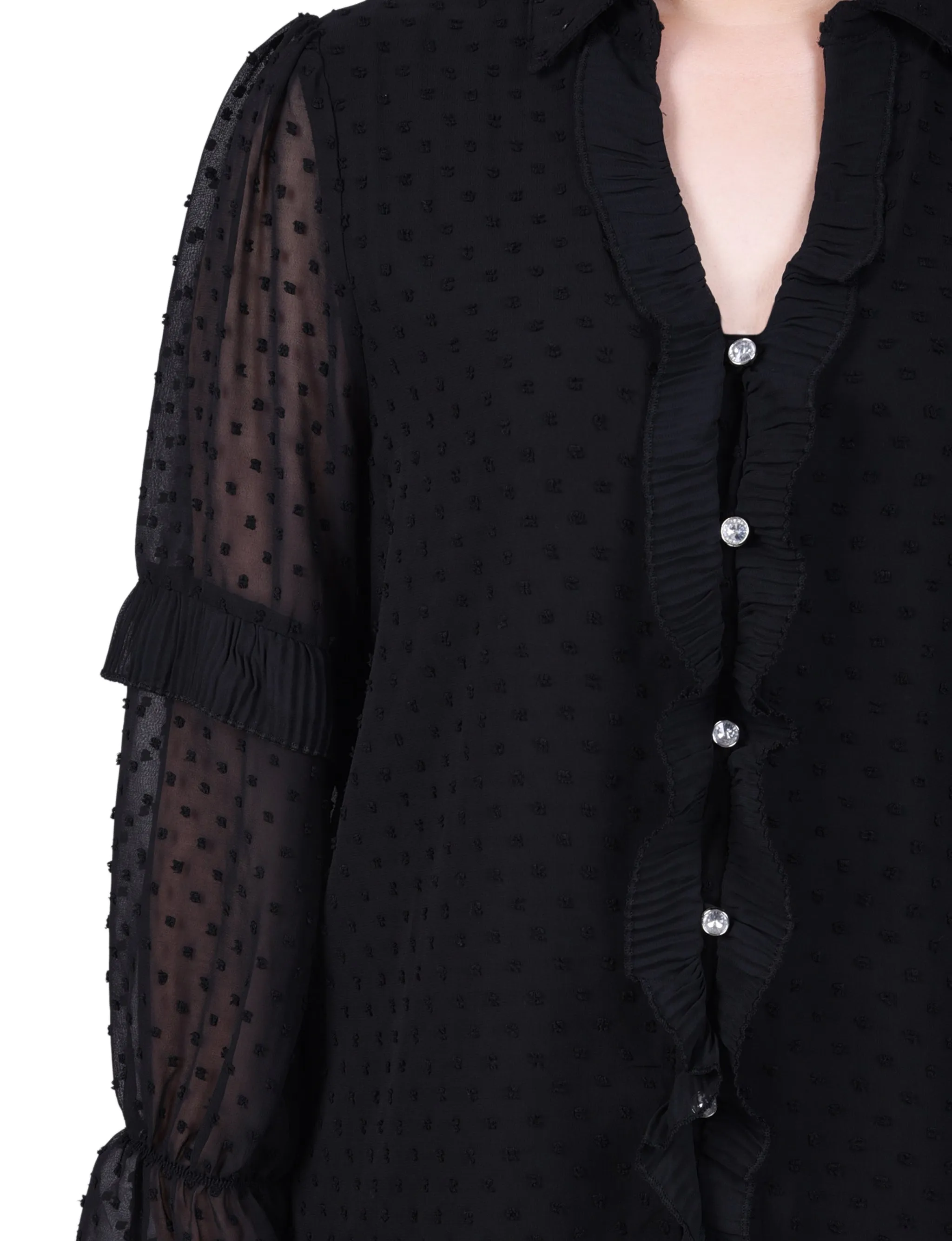 Petite Long Sleeve Dotted Chiffon Blouse