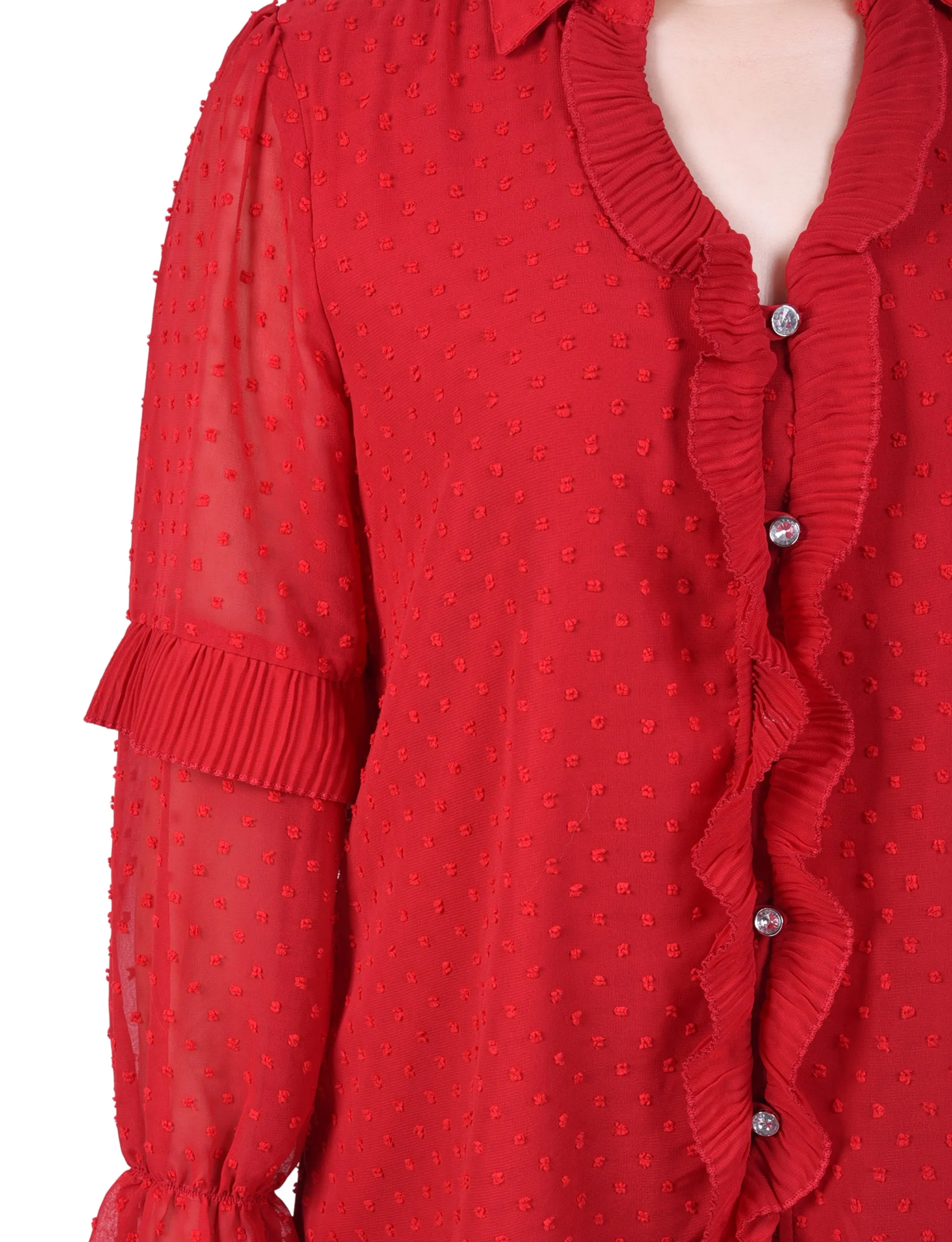 Petite Long Sleeve Dotted Chiffon Blouse