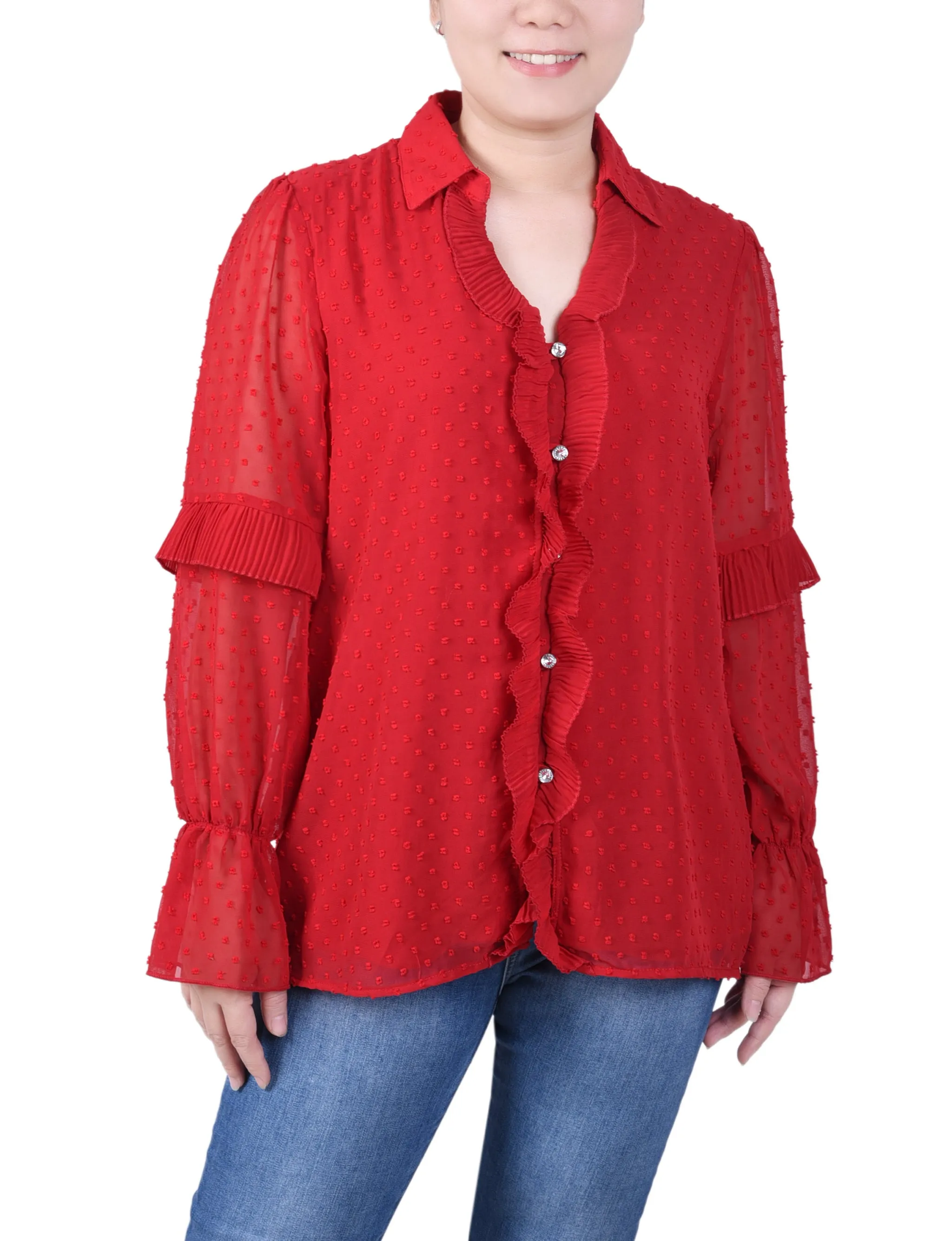 Petite Long Sleeve Dotted Chiffon Blouse