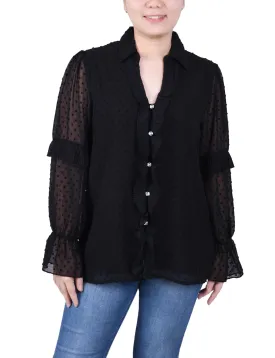 Petite Long Sleeve Dotted Chiffon Blouse