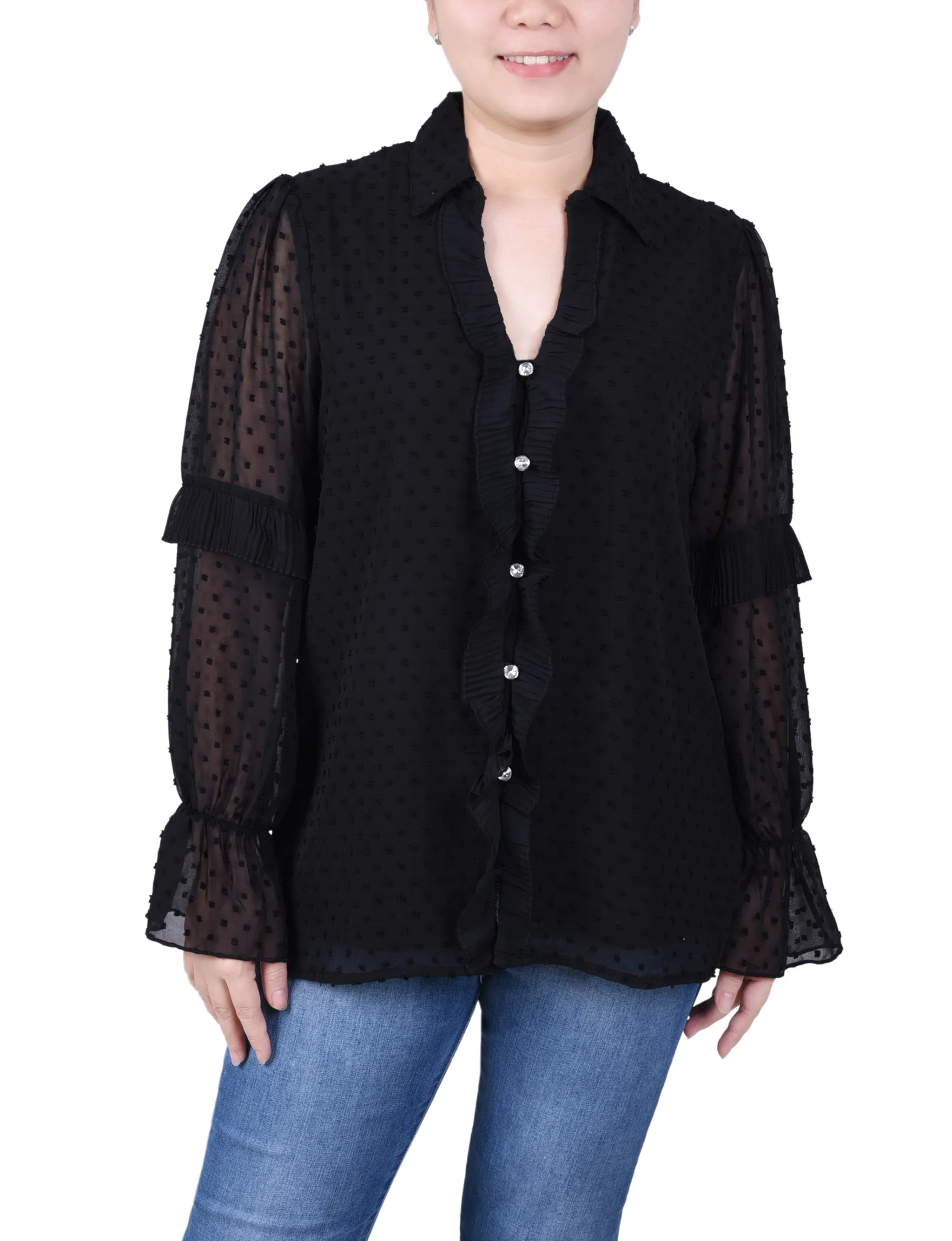 Petite Long Sleeve Dotted Chiffon Blouse