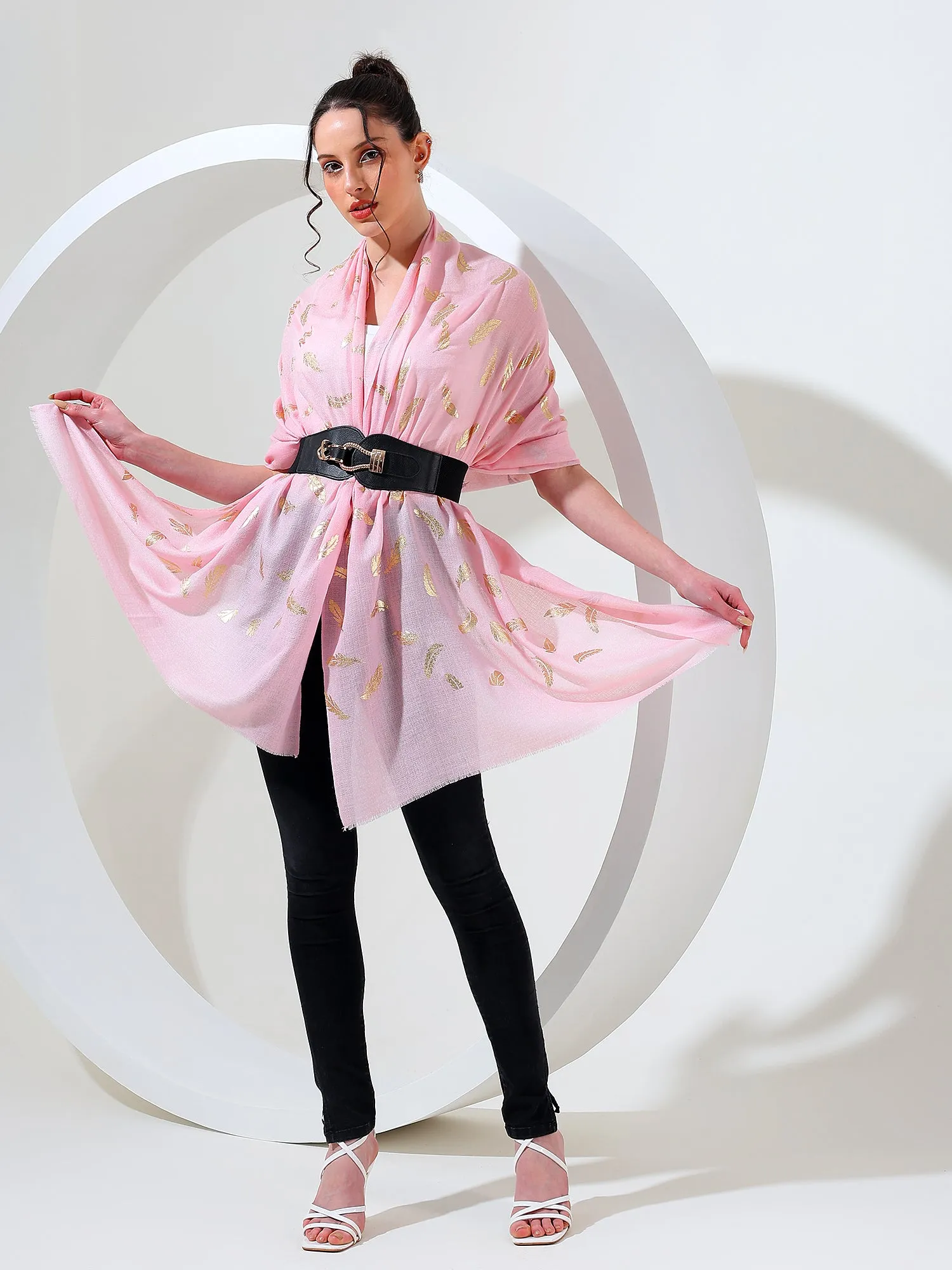 Pink shawl with gold leaf, best printed shawl online