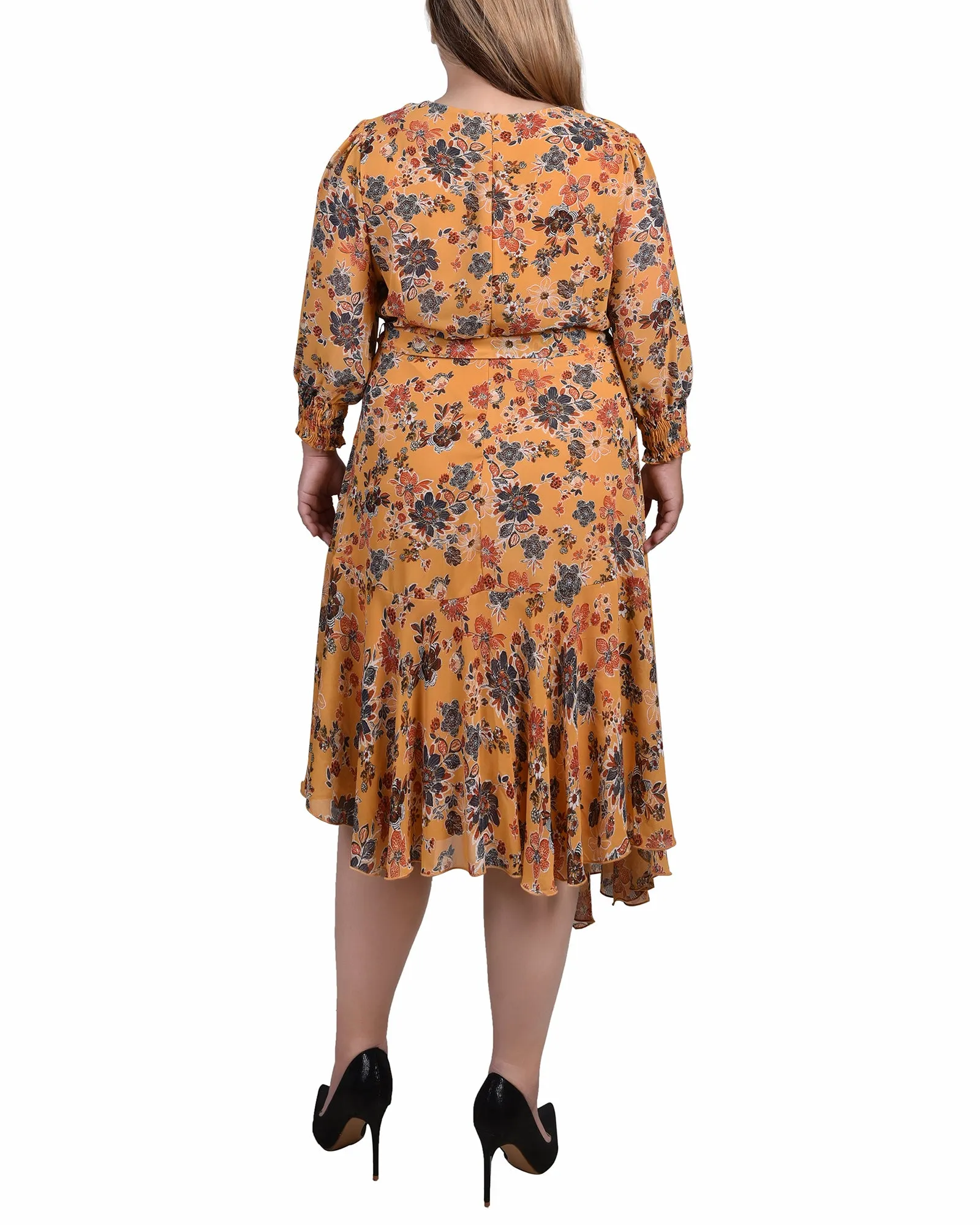 Plus Size 3/4 Sleeve Belted Chiffon Hankerchief Hem Dress