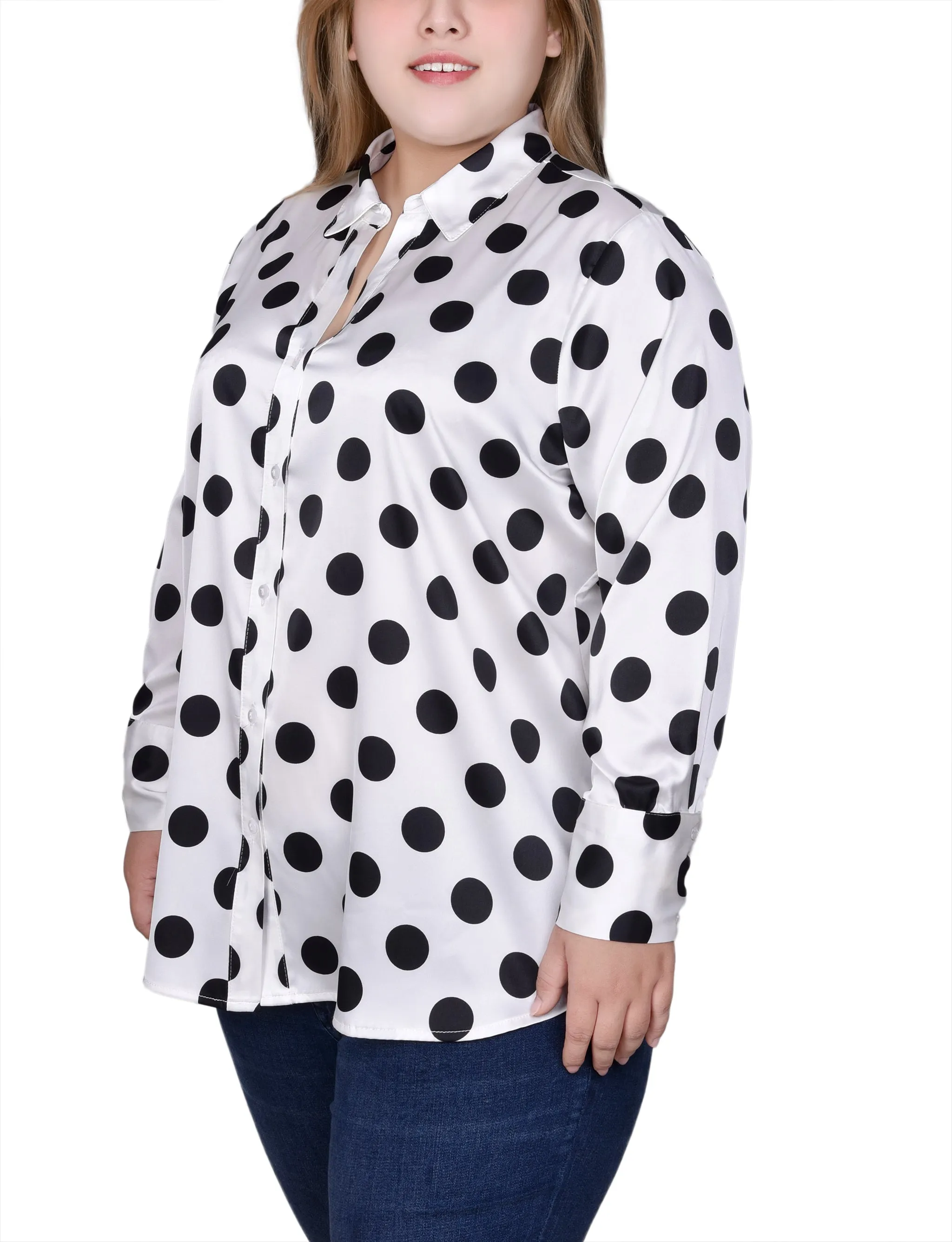 Plus Size Long Sleeve Dotted Satin Blouse