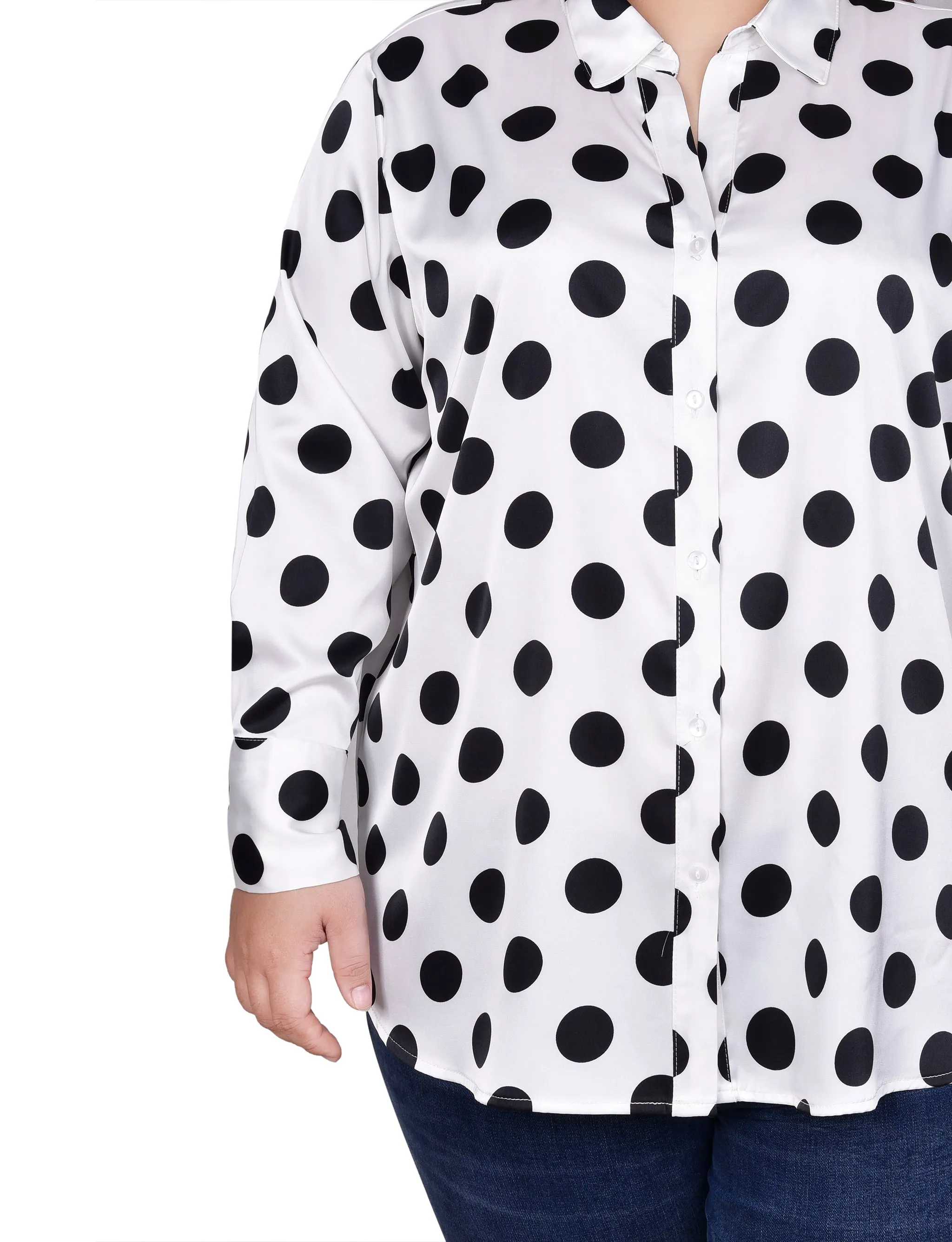 Plus Size Long Sleeve Dotted Satin Blouse